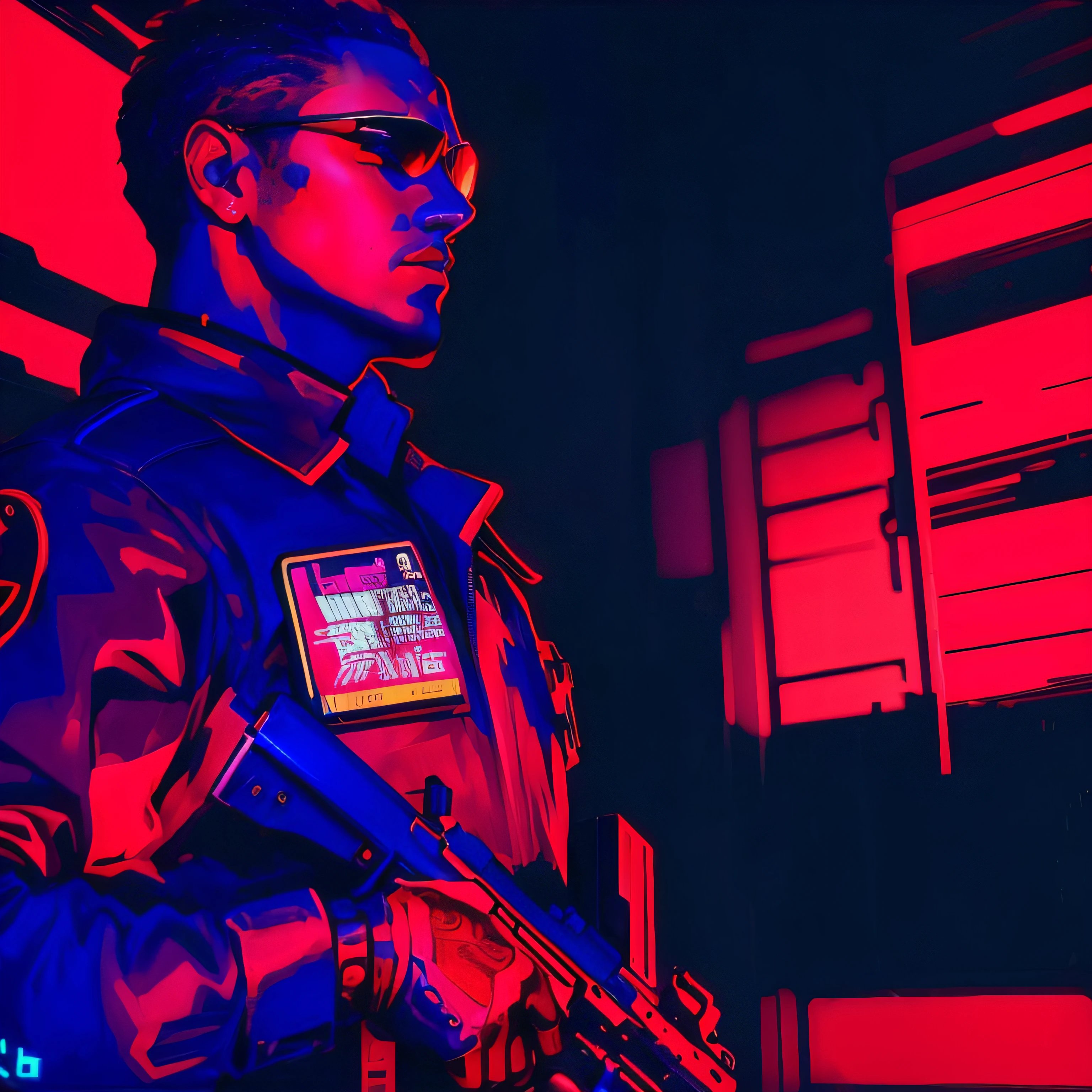 um close up de uma pessoa segurando uma arma em um quarto escuro, [ 4K estilo de arte synthwave ]!!, estilo de arte synthwave ]!!, estilo de arte synthwave, [ estilo de arte synthwave ]!! ]!!, [ estilo de arte synthwave ]!!, estilo de arte cyberpunk, Tecnologia batida. Neo Estilo Preto, arte synthwave, soviet style cyberpunk