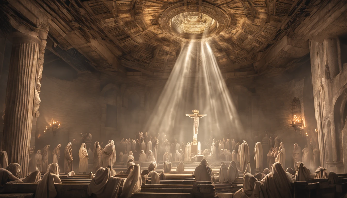 Nesta cena, Jesus is portrayed in heaven, irradiando divindade e serenidade. The atmosphere is ethereal, com suaves raios de luz iluminando os arredores. The composition is carefully framed, capturando Jesus no centro, surrounded by a heavenly scenery. The camera zooms in to capture every intricate detail, showing the divine characteristics and expression of Jesus. His eyes reflect compassion and wisdom, enquanto seu sorriso sereno exala paz e amor. Dramatic lighting increases the depth and mood of the scene, creating a sense of wonder and reverence. The image is captured with an ultra-detailed camera, garantindo que cada nuance e textura seja fielmente reproduzida. Resolution is set to 8K, proporcionando clareza e realismo impressionantes. Photorealistic rendering brings Jesus to life, capturing the essence of your presence in a tangible and compelling way. The ratio is set to 4:3, allowing a balanced and classic composition. The version used is Midjourney 5.2, Leveraging the latest advances in imaging technology. Camera settings are set to automatic, optimizing exposure and focus to capture the scene in its utmost beauty. No geral, the scene depicts Jesus in all his glory, conveying a sense of divine presence and peace. The combination of ultra-detailed photography, Dramatic lighting and high-resolution rendering creates a visually stunning and emotionally resonant depiction of Jesus in heaven.