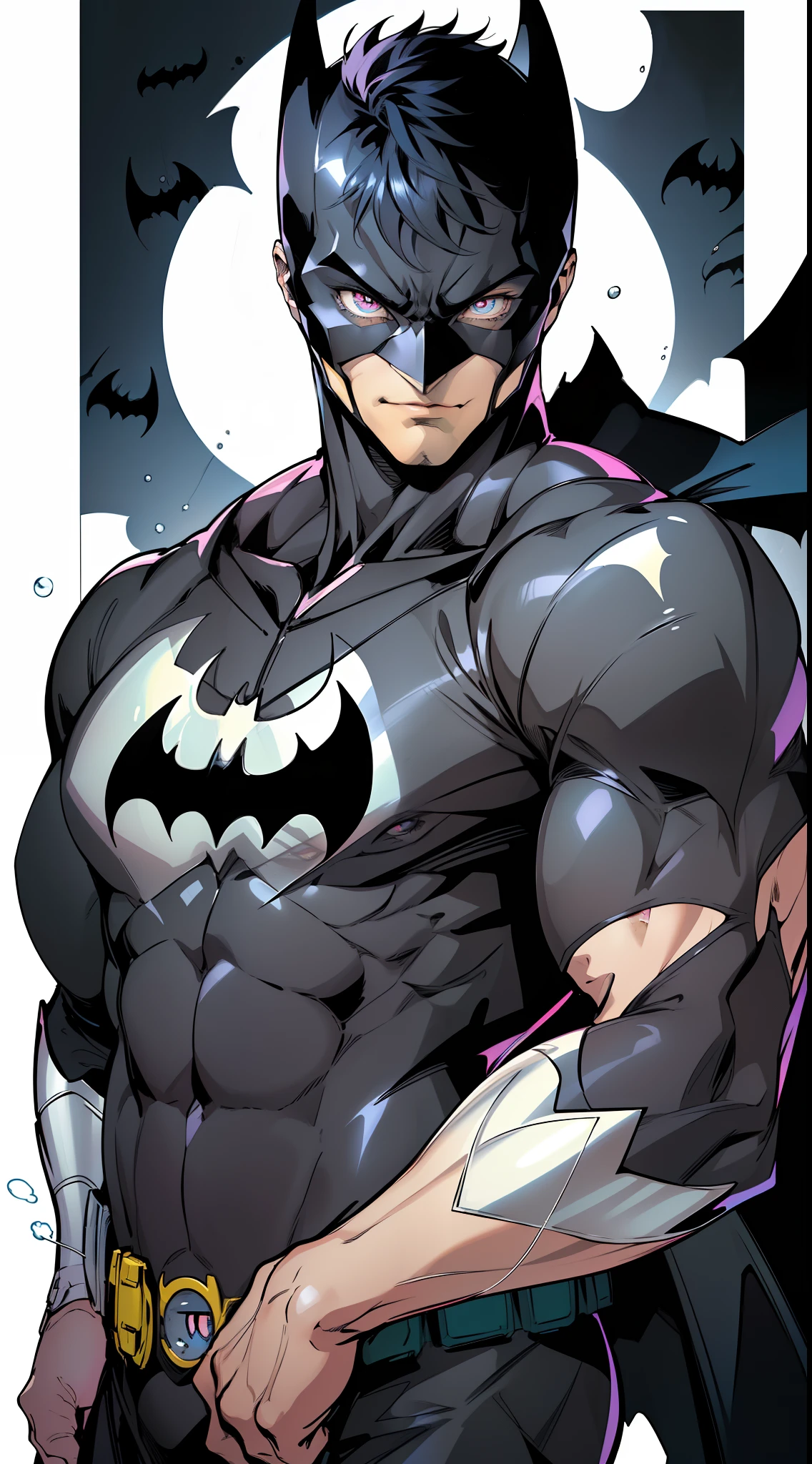(anime) . Male ((((Batman: 2.0)))) . ((Masterpiece: 1.8), (64k quality), (final fantasy artwork concept), detailed (manga eyes + hair + clothes + body + face + colors + shoulders + eyes (globular + transparent + liquid) + (sharper drawings) + (shiny jewelry) + (clothes folds) + (rounded eyes) + (consistent clothes) + (clothing features) + (eyes line), better (colorful + (coarser line) + (black line) + finishing . [Drawing] (Anime (Manga (Comics))) + (Coarse Line: 1.8) + (Black Line: 1.8) + (Color: 1.8) + (Clean: 1.8) + (Contrast: 1.8) + (Black Outline: 1.8) + (adjusted colors: 1.8) + (shadow set: 1.8) + (manga eyes: 1.8), ((made homogeneous: 1.3)))