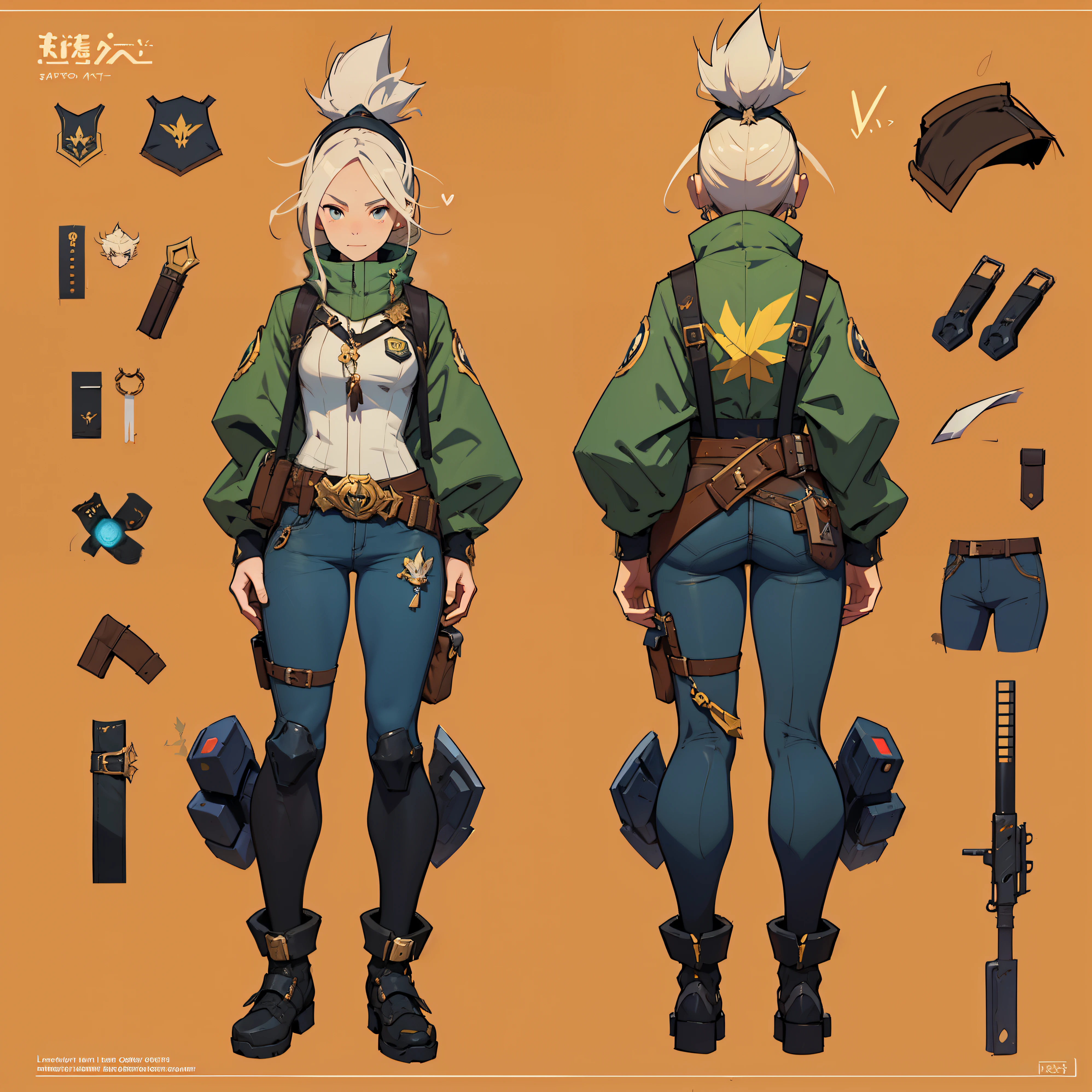 Close-up of a man in a gun costume, ((character concept art)), tall figure, ((character design sheet, same character, front, side, back)), maple story character art, video game character design, video game character design, maple story gun girl, girl wearing cute cartoon bunny hairpin on her head, yellow glowing decoration on girl's clothes, expert high detail concept art, metal bullet concept art, funny character design, Lucio as a woman, gravity rush inspiration, Viscous tar. Concept art, belt buckle at waist, steampunk weapon,