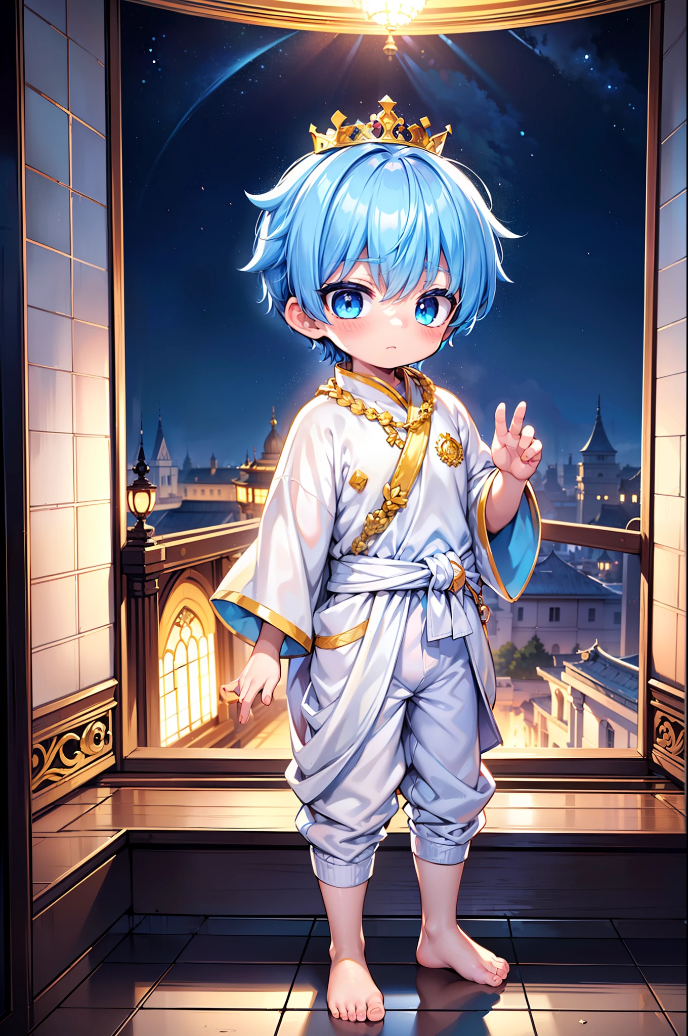 4k, (Masterpiece:1),  boy with blue colored hair and shiny, glowing cyan eyes and barefoot, standing on field, epic, cinematic, young, boy, child,l, toddtiny fe, focus on feet, feet, blushing, (Young:1.4), (Child:1.4), (Shota:1.4), (male:1.4), (boy:1.4), (royal clothes:1.4), (epic:1.4), (posing:1.4), (cinematic:1.4), (king:1.4), (Royalty:1.4)