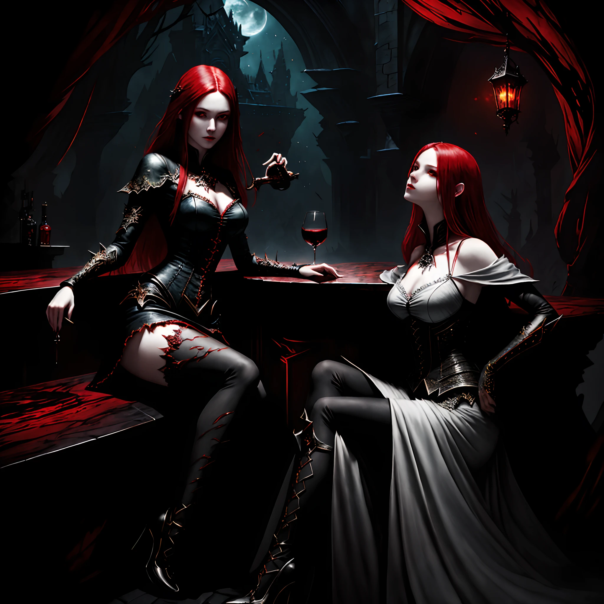 arafed, dark fantasy art, gothic art, (masterpiece: 1.5), full body best details, highly detailed, best quality, highres, a picture of a vampire waiting in a bar drinking wine, a female vampire (Masterpiece, best quality: 1.6), ultra feminine (best details, Masterpiece, best quality: 1.4) with a long curvy hair, red hair model715 , red eyes model715(fantasy art, Masterpiece, best quality: 1.4), ((beautiful delicate face)), pale skin, Ultra Detailed Face (best details, fantasy art, Masterpiece, best quality: 1.3), [vampiric fangs] (best details, fantasy art, Masterpiece, best quality: 1.5), [anatomically correct], wearing dress, white dress (best details, fantasy art, Masterpiece, best quality: 1.5), wearin high heels, sitting in bar, waiting for prey, drinking red wine, bar light, silhouette, dim light, dark fantasy background (best details, fantasy art, Masterpiece, best quality: 1.5)