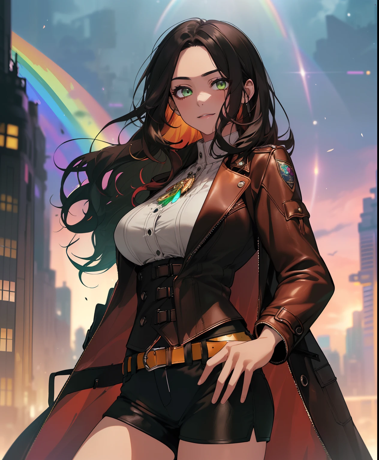 ((((A young woman))), anime big breast, ( Green eyes), (Black hair), Nice face, ssmile, The perfect body, Wavy hair, long whitr hair, (((Morena))), big breastes, ((tmasterpiece, best qualityer)), illustratio, ультра детализированная 8k, Photorealistic, sharp-focus, The is very detailed, Professional lighting, Colorful details, Rainbow colors, Glowing, intricately details, Vivid details, Leather shorts, Glow-in-the-dark strap,  Top mom, Leather coat, The future city