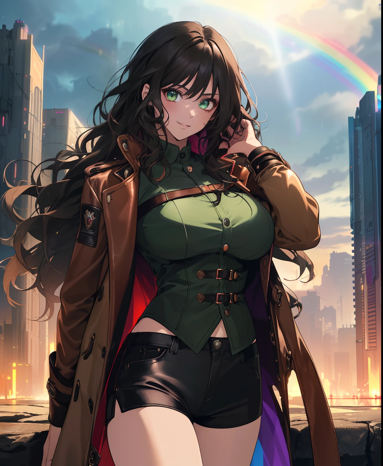 ((((A young woman))), anime big breast, ( Green eyes), (Black hair), Nice face, ssmile, The perfect body, Wavy hair, long whitr hair, (((Morena))), big breastes, ((tmasterpiece, best qualityer)), illustratio, ультра детализированная 8k, Photorealistic, sharp-focus, The is very detailed, Professional lighting, Colorful details, Rainbow colors, Glowing, intricately details, Vivid details, Leather shorts, Glow-in-the-dark strap,  Top mom, Leather coat, The future city