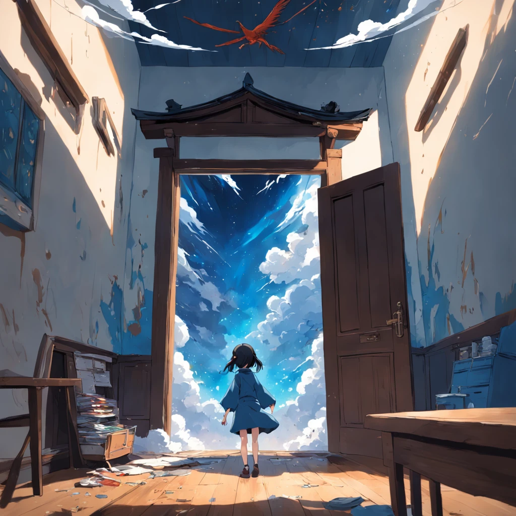personagem de anime sentado em uma mesa com uma caneta e papel, image of him goes away and a huge door opens and swallows him and blends into a blue sky and everything goes to appear in a huge frame with paints that comes out dripping frame.