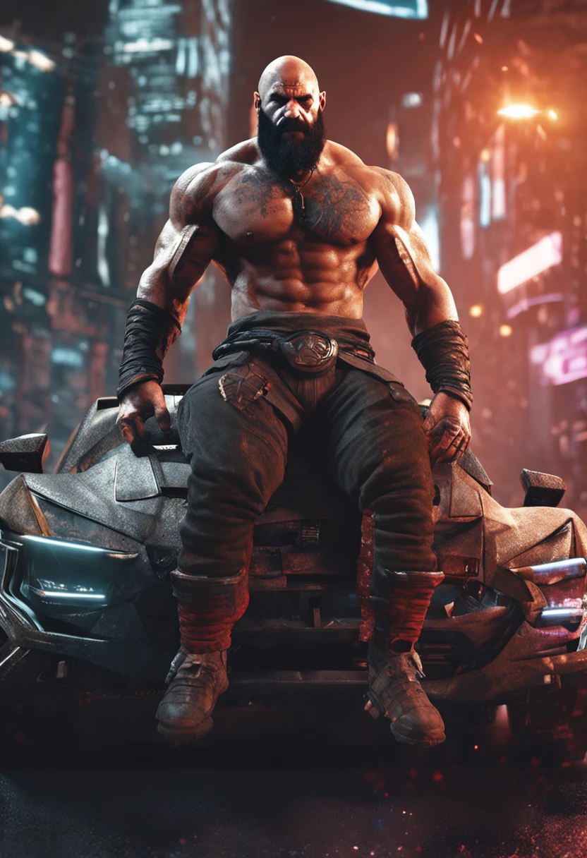 um close up de um homem com barba, muscular character, 3 d render arte do caractere 8 k, personagem de fantasia octane render, Retrato de Kratos, arte do personagem do motor irreal, Dwayne Johnson como Kratos, guerreiro masculino, kratos, Skyline noturno da cidade cyberpunk, estilo nvinkpunk, Directed by: Jeremy Mann, Por Dave McKean e Richard Avedon e Maciej Kuciara, Punk rock, alto detalhamento, 4k, RTX, estilo anime, desenhado