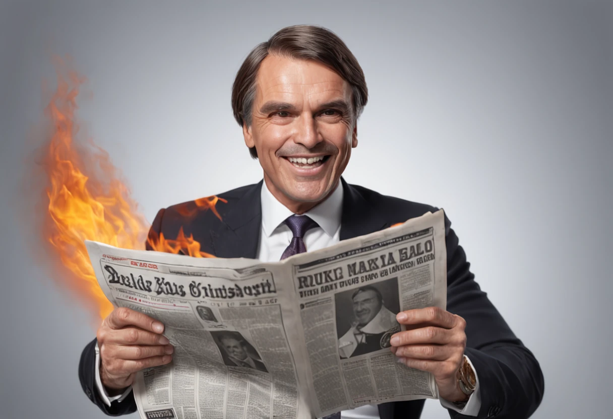 caricature of Bolsonaro sitting on flaming toilet reading newspaper and smiling, black background, sparks, vivid colors, bathroom with glossy glossy tiles, hd, artstation, UHD, greg rutkowski, cinematic shading, Steve Sack
