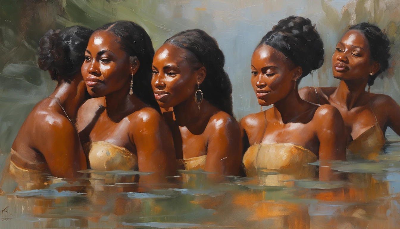 realistic photography, six beautiful young women ((Black Bahian Brazilians)) bathing in the river, without clothes, detailed black skin, happy and smiling expressions, total nudity, rain falling, ((dark brown eyes)), ((perfect face)),Jokes, perfect anatomy, big butts, mountains everywhere, sensual poses,16k,ULTRA-HD,soft diffused lighting, masterpiece, natural light, hard light, high quality, High detail, Ultra-realism