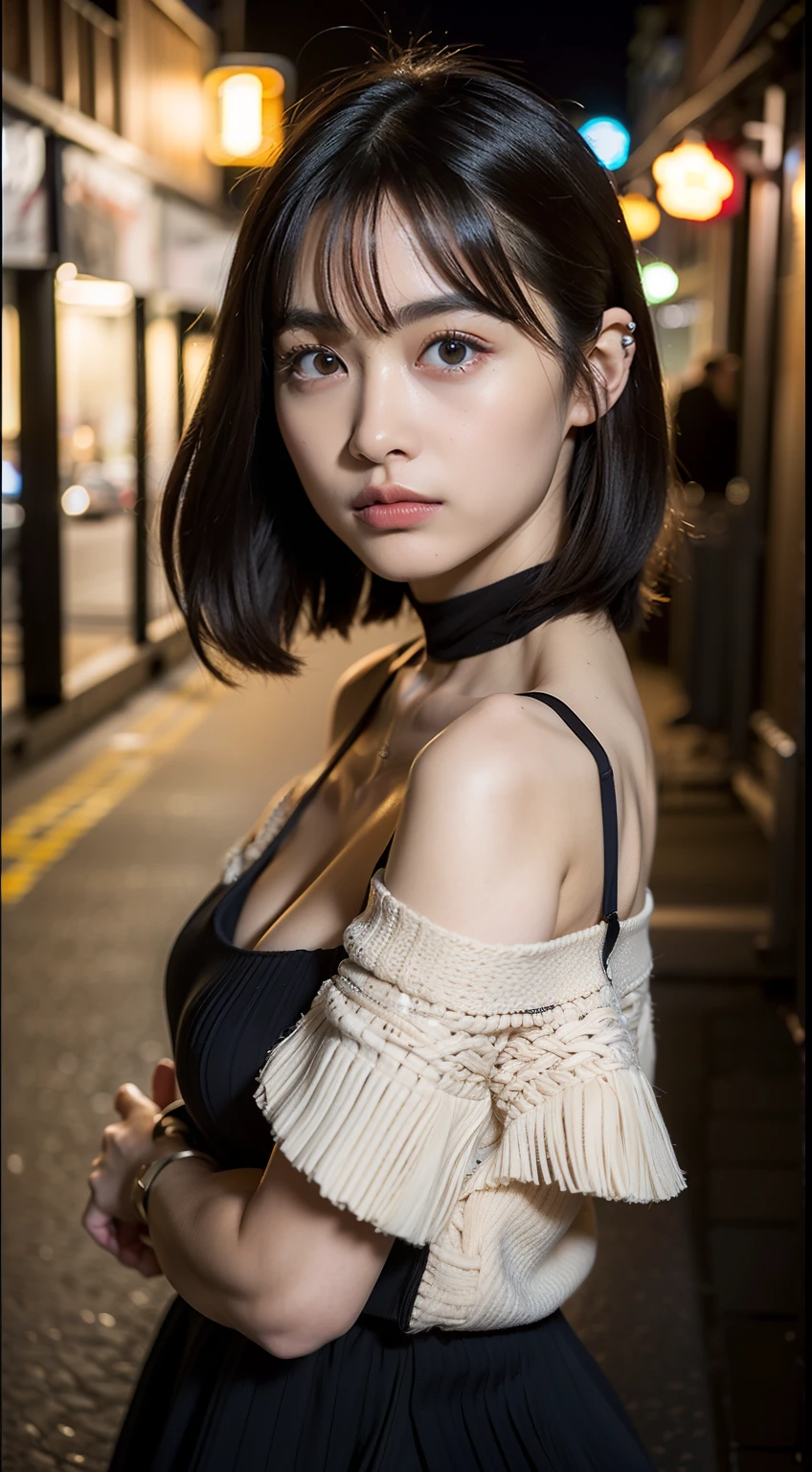 ​masterpiece, top-quality, 超A high resolution, (Photorealsitic:1.4), 32K,beautiful  lighting, Raw photography, 8K UHD, A detailed face, A detailed eye,Detailed eyes,Symmetrical eyes,Good balance between the left and right eyes,no-makeup:1.5,beautiful a girl, Cute  girl s,18year old,(((cabelos preto e longos、One-length,with round face,a baby f Face, Narws,round upturned nose,Letter to))), (((［Tight long dress that sticks to the body,deep v neck、Wearing a white knitted jacket in layers］,Dresses with open shoulders,a choker,a necklace,耳Nipple Ring,This is a common-sense configuration,Not erotic))),(Colossal tits:1.5,Big buttocks),((sideboob barbosa)),Keep your back on your shoulders,Late night street corner,Night view of the city, Blurry night view,The night view is blurry,longshot,Facing backwards、Looks Back