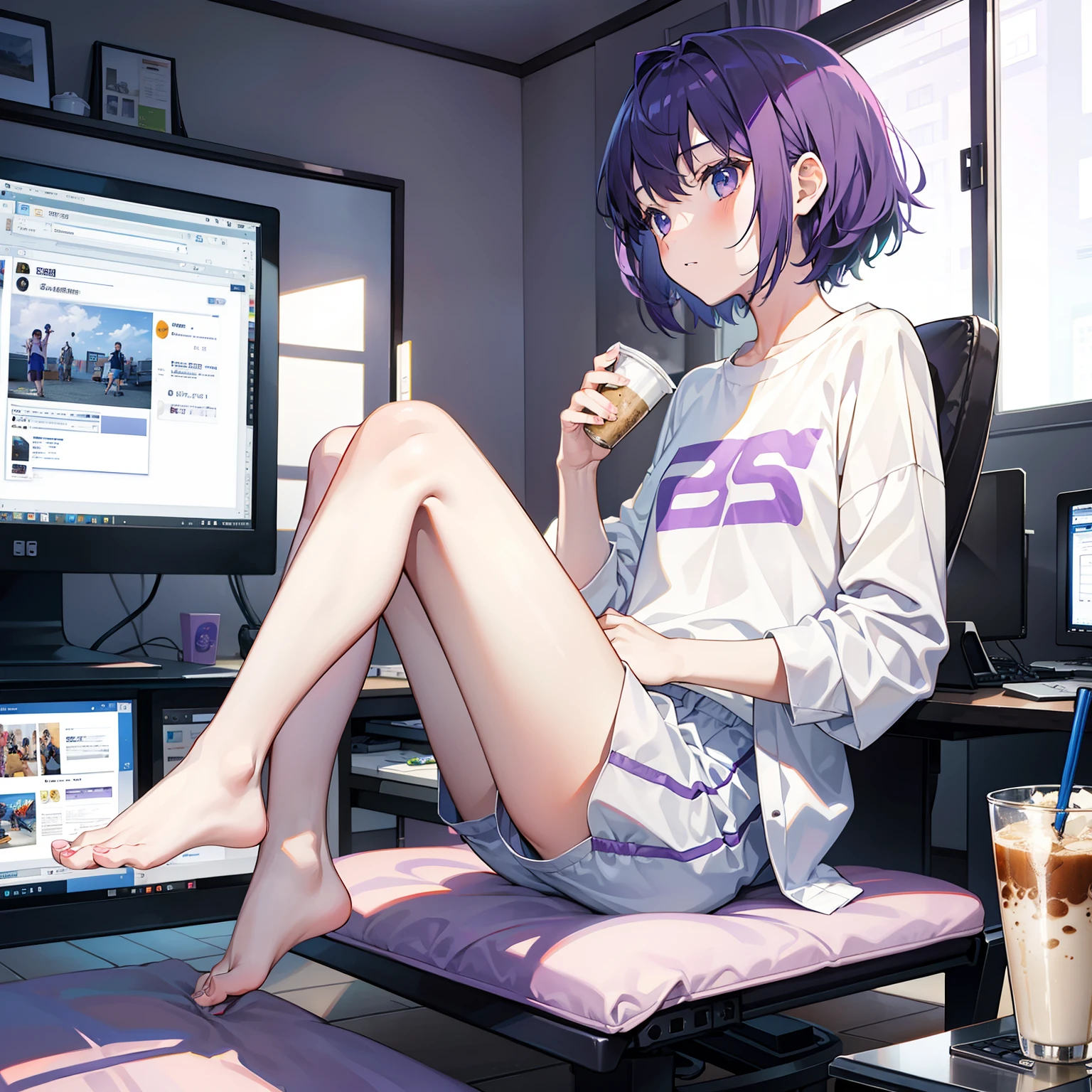 Girl short purple hair at doctor's friend's house playing computer games white shirt super shorts barefoot milk tea on table