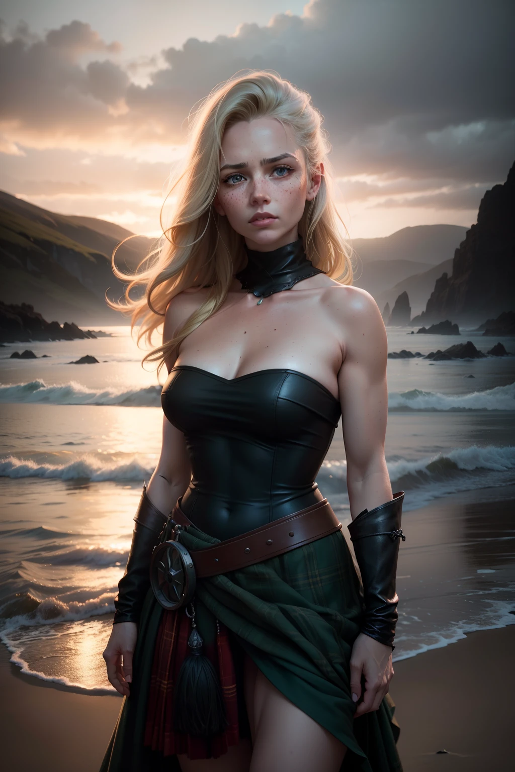 deep shadow, sinister, award winning photo, best quality, masterpiece, upper body, woman, freckled face, windblown blonde hair, emerald eyes, modern strapless dress by Jeremy Lipking, by Antonio J. Manzanedo, by lee jeffries nikon d850 film stock photograph 4 kodak portra 400 camera f1.6 lens rich colors hyper realistic lifelike texture dramatic lighting unreal engine trending on artstation cinestill 800, fisheye lens, Style-Kilt, windy beach, scottish loch, forest