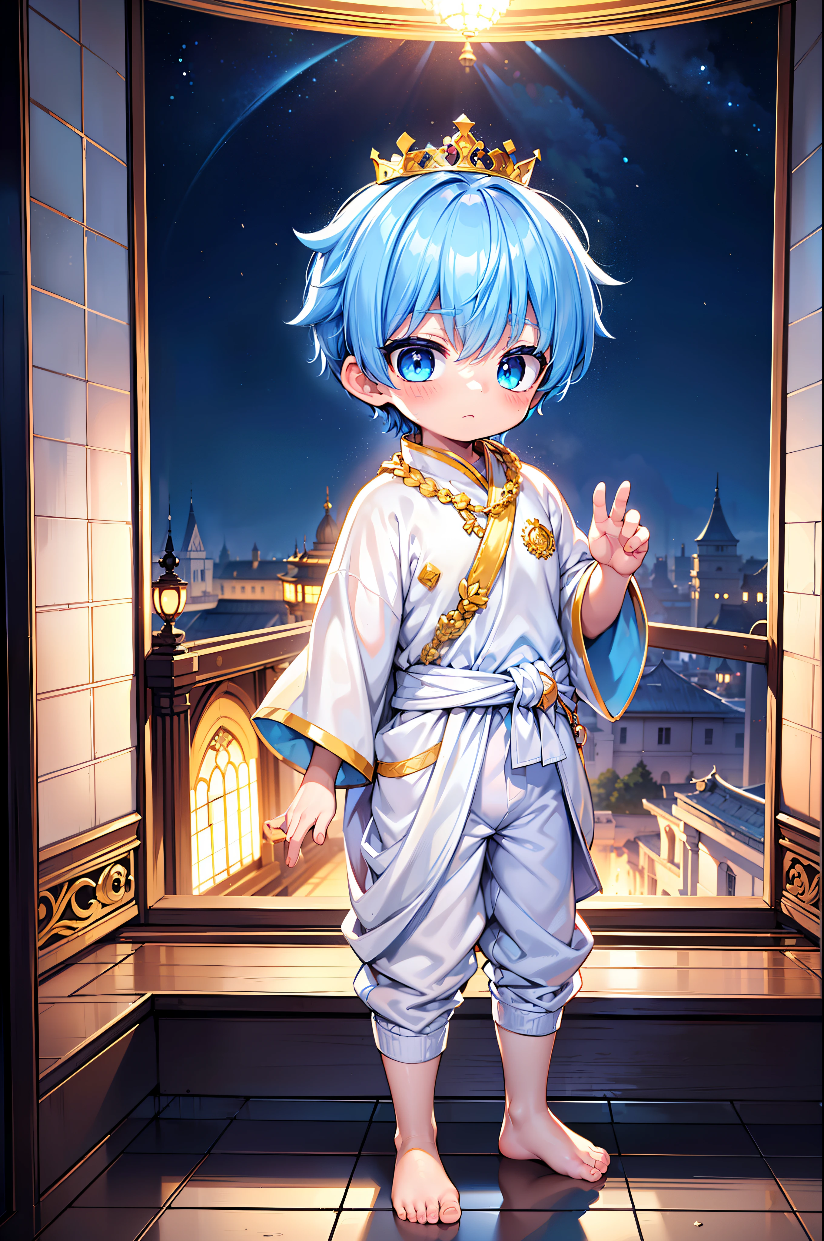 4k, (Masterpiece:1), boy with blue colored hair and shiny, glowing cyan eyes and barefoot, standing on field, epic, cinematic, young, boy, child,l, toddtiny fe, focus on feet, feet, blushing, (Young:1.4), (Child:1.4), (Shota:1.4), (male:1.4), (boy:1.4), (royal clothes:1.4), (epic:1.4), (posing:1.4), (cinematic:1.4), (king:1.4), (Royalty:1.4)