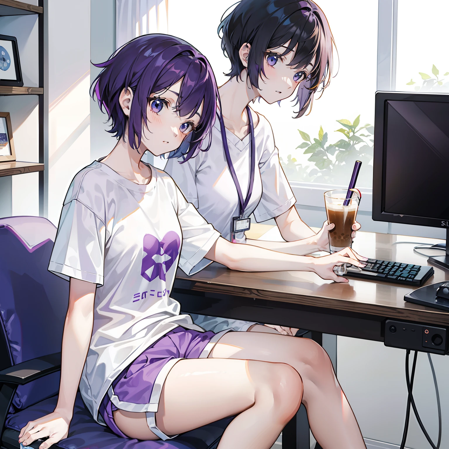 Girl short purple hair at doctor's friend's house playing computer games white shirt super shorts barefoot milk tea on table