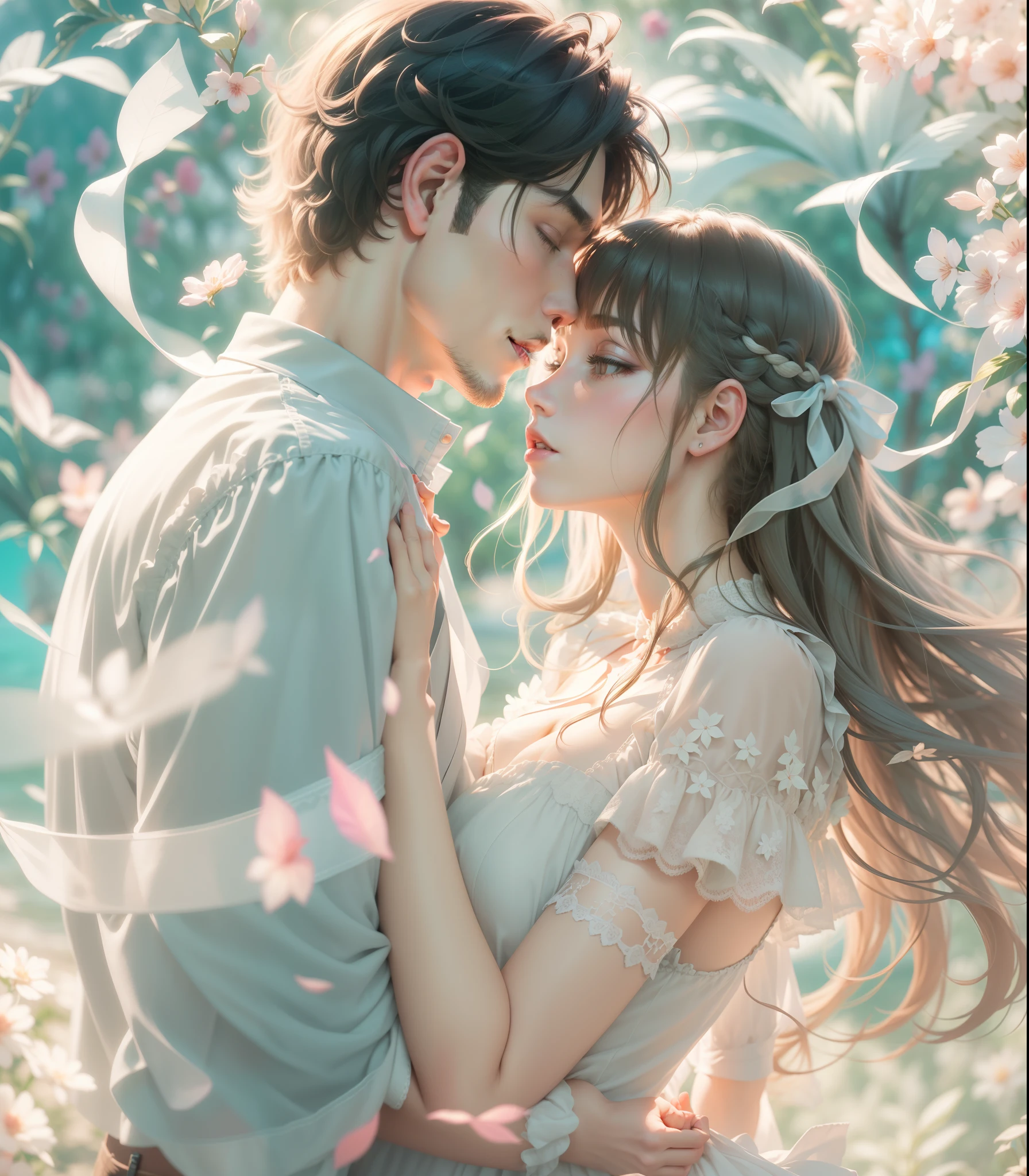 1 handsome man and 1 cute girl, Love, fondness, the kiss, She is in a light summer lace ribbon dress, 30k, Triple exposure, the anime