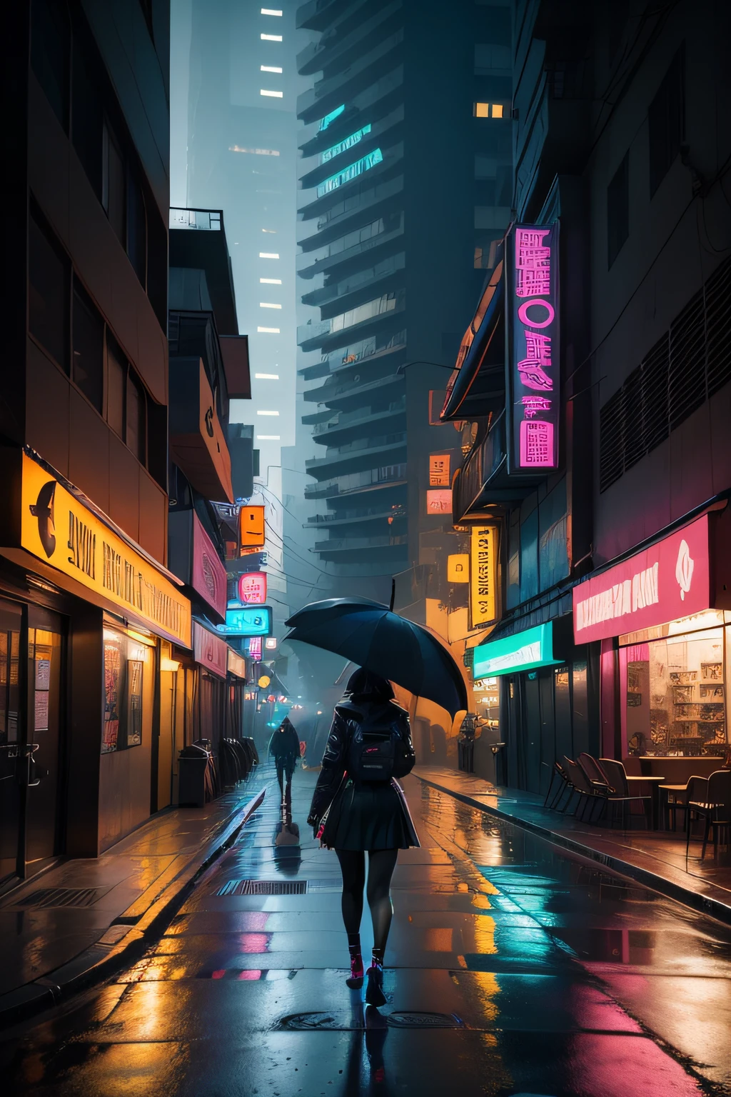 paisagem cyberpunk, futurista, Cidade Noturna, molhada, reflexos, Girl walking on sidewalk alone with black umbrella, realista, cidade realista, garota andando perto de pier, mar a esquerda, cidade a direita, garota realista, corpo perfeito, roupa de frio