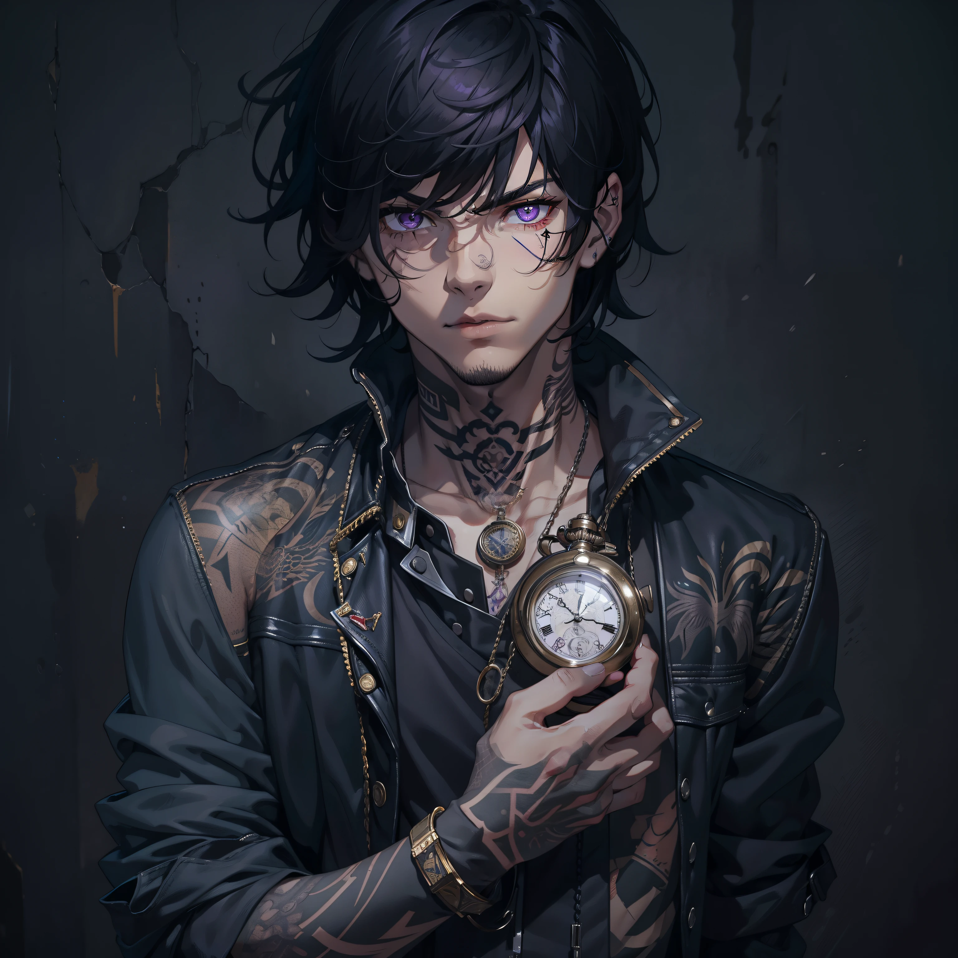 Young man, neck tattoo, in his hand he holds a pocket watch, medium black hair, purple eyes, 1boy, provocative look, bangs, rebel, man, a pocket watch in his hand