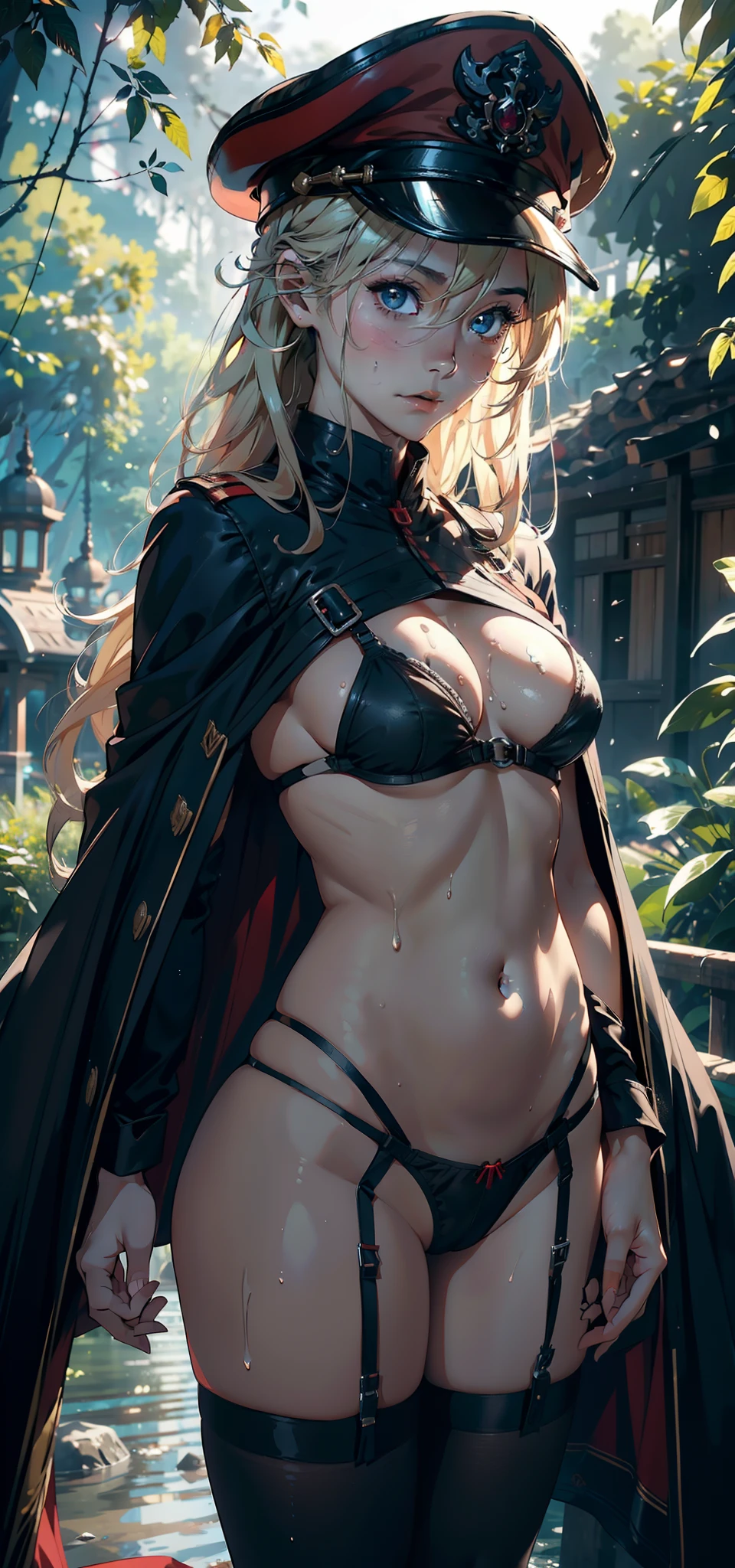 1female,,bit girl,super adorable,smallunderboob,nice hand,Pornographic exposure, 独奏,(Background with:ln the forest,the rainforest,in summer,Water on the ground,exteriors) Feel free to hairstyle,Stride,Sweat profusely,drenched all over the body,seen from the front,Long blonde hair , mostly cloudy sky,(((tmasterpiece),(Very detailed CG unity 8K wallpaper),best qualtiy,cinmatic lighting,detailed back ground,beatiful detailed eyes,Bright pupils,(Very fine and beautiful),(Beautiful and detailed eye description),ultra - detailed,tmasterpiece,)),face to the viewer,frontage,A high resolution,ultra - detailed)nakeness,Wipe off panties,revealing breasts,Bare genitalia, Bulge,Camel toes,Raised sexy,Lewd expression,Flushed complexion,Open-mouthed,frontage,military hat,(Wearing:Red cape,Classical military uniform,Black pantyhose)