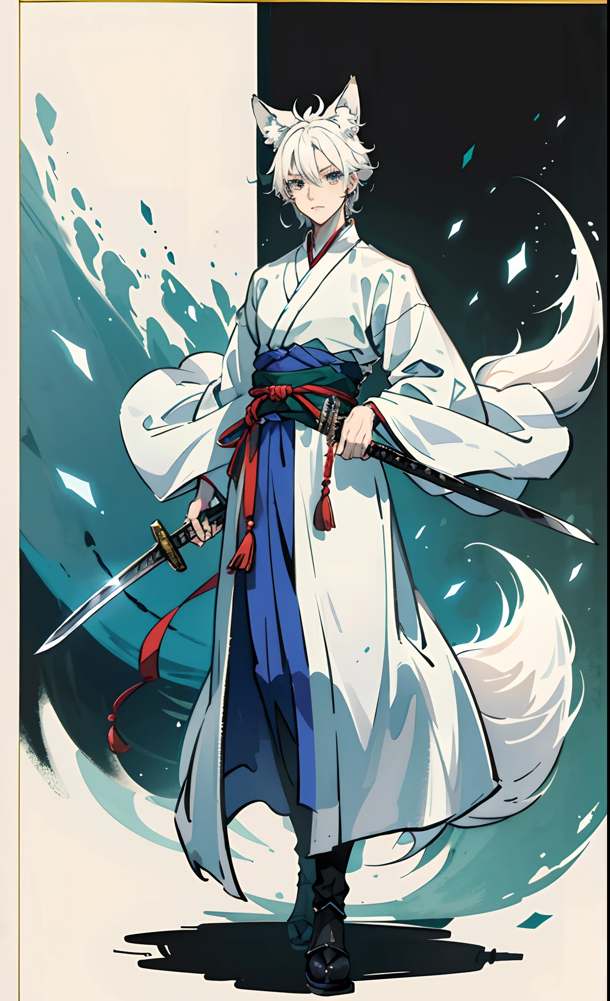 Two-dimensional anime style,White hair,Hanfu,A scabbard hangs from the waist,The right hand holds a sword,standing on your feet,a pregirl,Fox ears