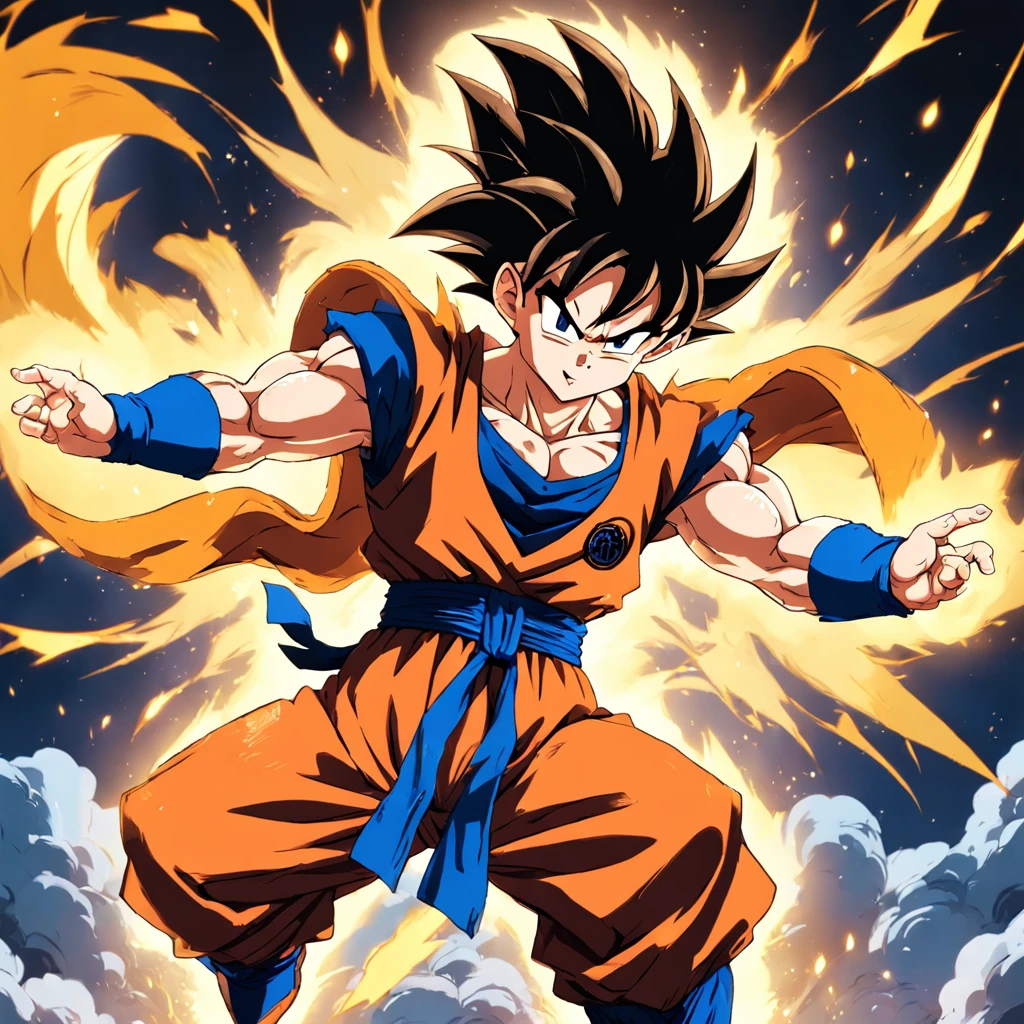 A drawing of a young Goku jumping with his arms outstretched, super saiyajin azul, Dragon ball style, Personagem Dragonball, high quality colored sketch, arte conceitual de dragon ball, estilo de arte de dragon ball, Filho Goku, indo super saiyajin, Super Sayian Goku, Goku Humano, Um Anime Nendorooid de Son Goku, Goku de Dragon Ball, Dragon ball super (Sparks: 0,7)