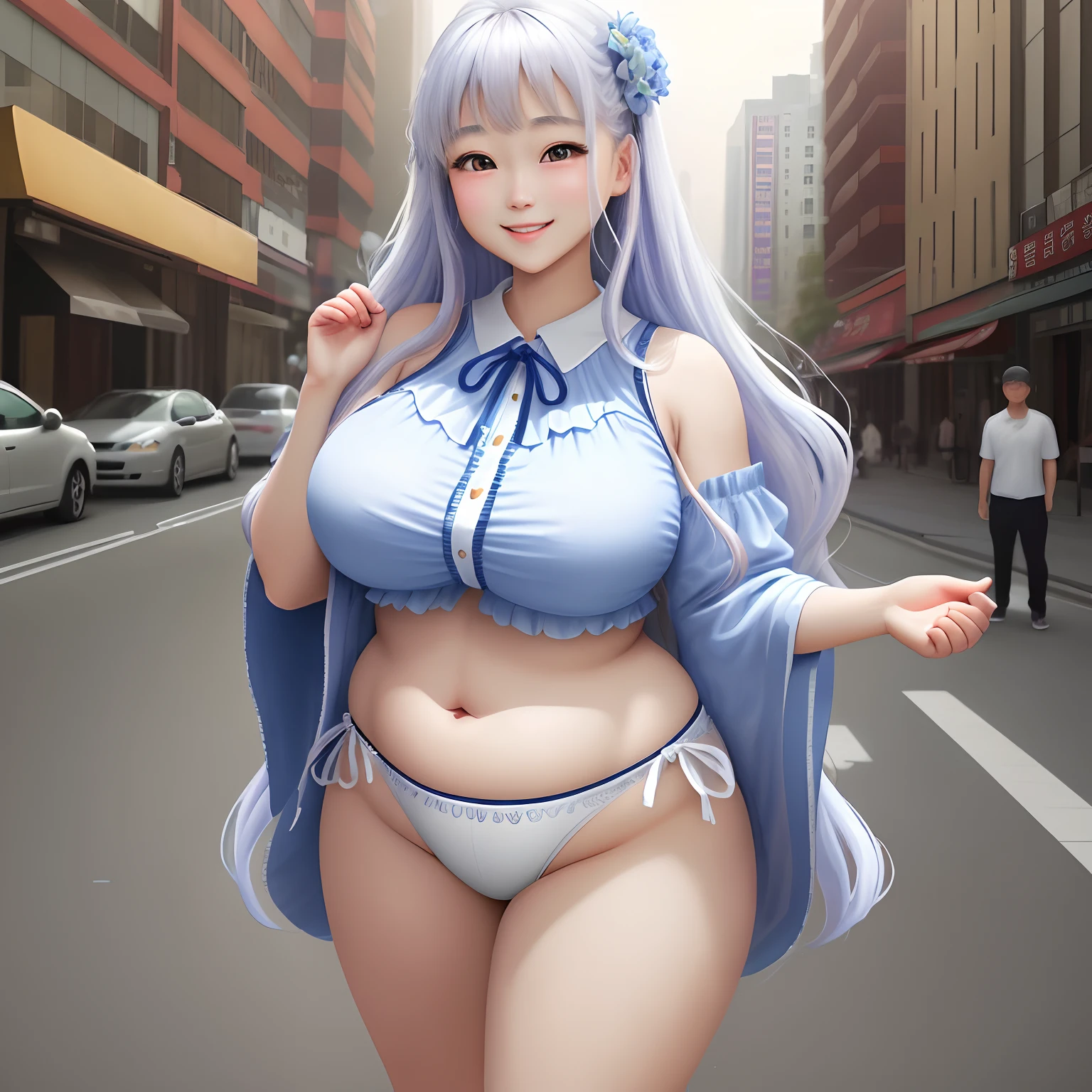 ((top-quality、8K、tmasterpiece:1.3))、1girl in、Beautiful woman with plump abs emphasized:1.3、(long whitr hair、Colossal tits:1.2)、In the city、Super delicate face、wholesome、二重まぶた、A smile that shows his teeth、No clothing、Looking at the camera、Big smile、look over here、Look at me with wide eyes、Comfortable feeling、18+、outside