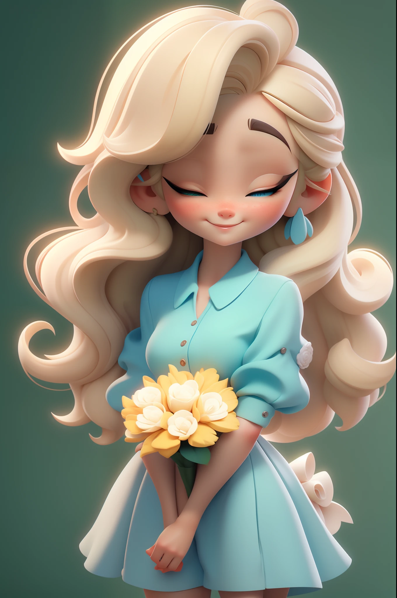 3D rendering style, 3D cartoon avatar, 3DD-LM, girl loli, hair with bangs, braided hair above the bangs, shiny beige blonde hair, eyes closed with long, well-defined eyelashes, freckles on face, light green blouse with sleeve short, holding a bouquet of flowers in her hands, at the public, half length, without glasses, The background blue and white mixed, very bright background