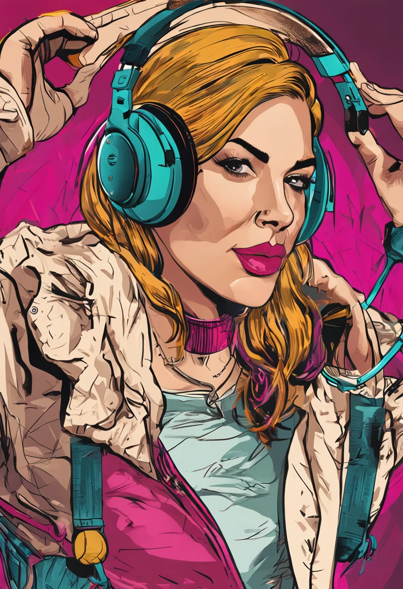 snthwve style nvinkpunk (symmetry:1.1) (portrait of floral:1.05) a photo of young (woman:1.5) with long transparent coat, (headphones:1.3), (blonde hair:1.5), (assassins creed style:0.8), pink and gold and opal color scheme, beautiful intricate filegrid facepaint, intricate, elegant, highly detailed, digital painting, artstation, concept art, smooth, sharp focus, illustration, art by greg rutkowski and alphonse mucha, 8k, theprince