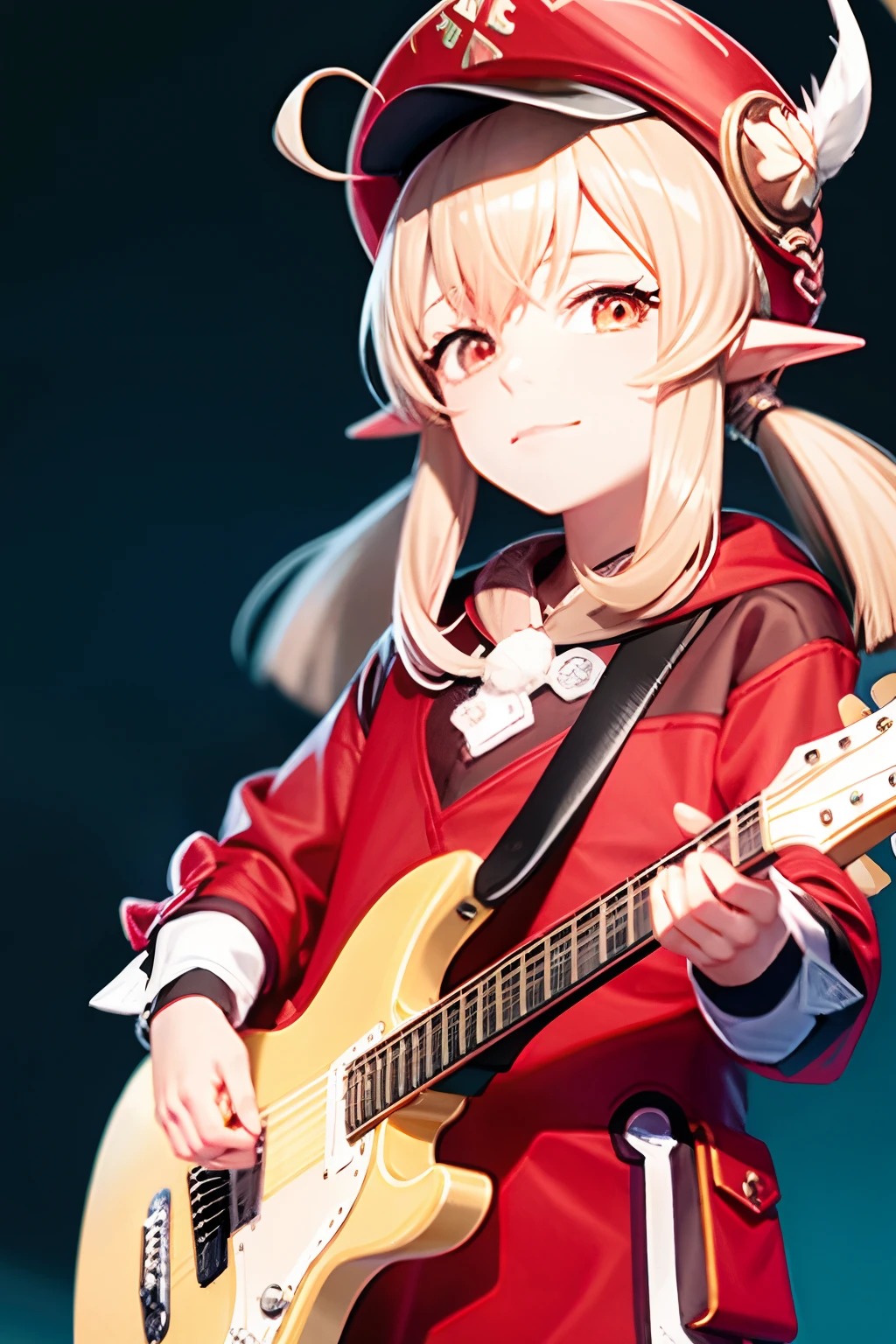 tmasterpiece, Best quality at best, a red hat, pointy ears, underdressing,Playing guitar