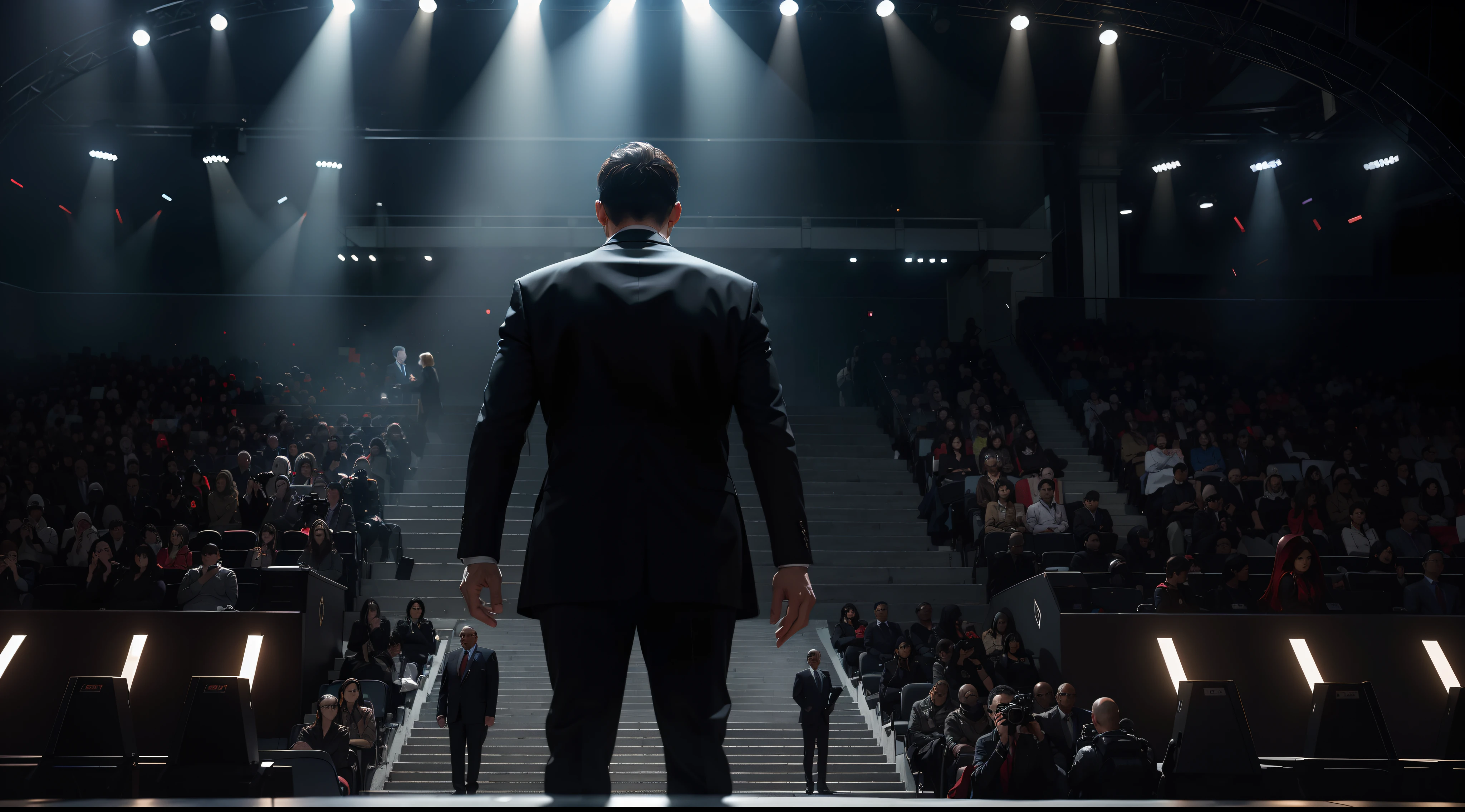 In front of a crowd on a large stage, A place where a world leader, ((A powerful figure is giving a press conference)). He is an imposing figure in front of cameras around the world, with piercing eyes and an enigmatic smile.. Her short hair is dark, and he is dressed in a black suit adorned with ancient symbols. from him radiates a hypnotic power that seems to emanate from the depths of the abyss.