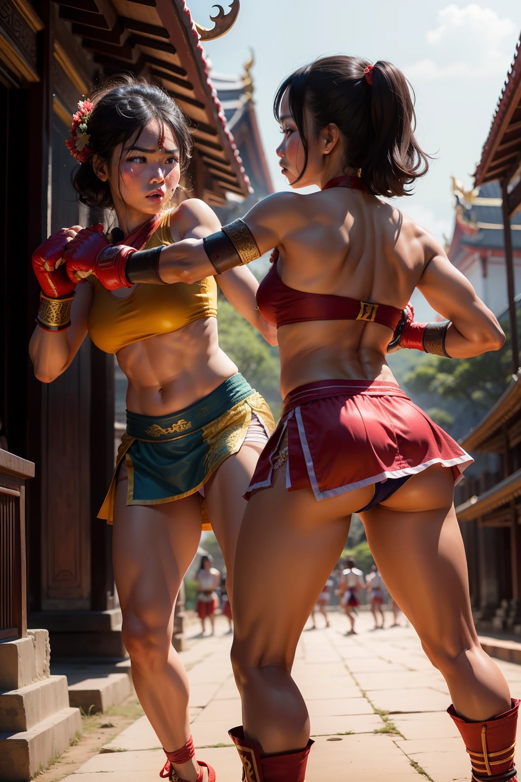 Several Thai women fighting Muay Thai in ancient clothes in an ancient temple