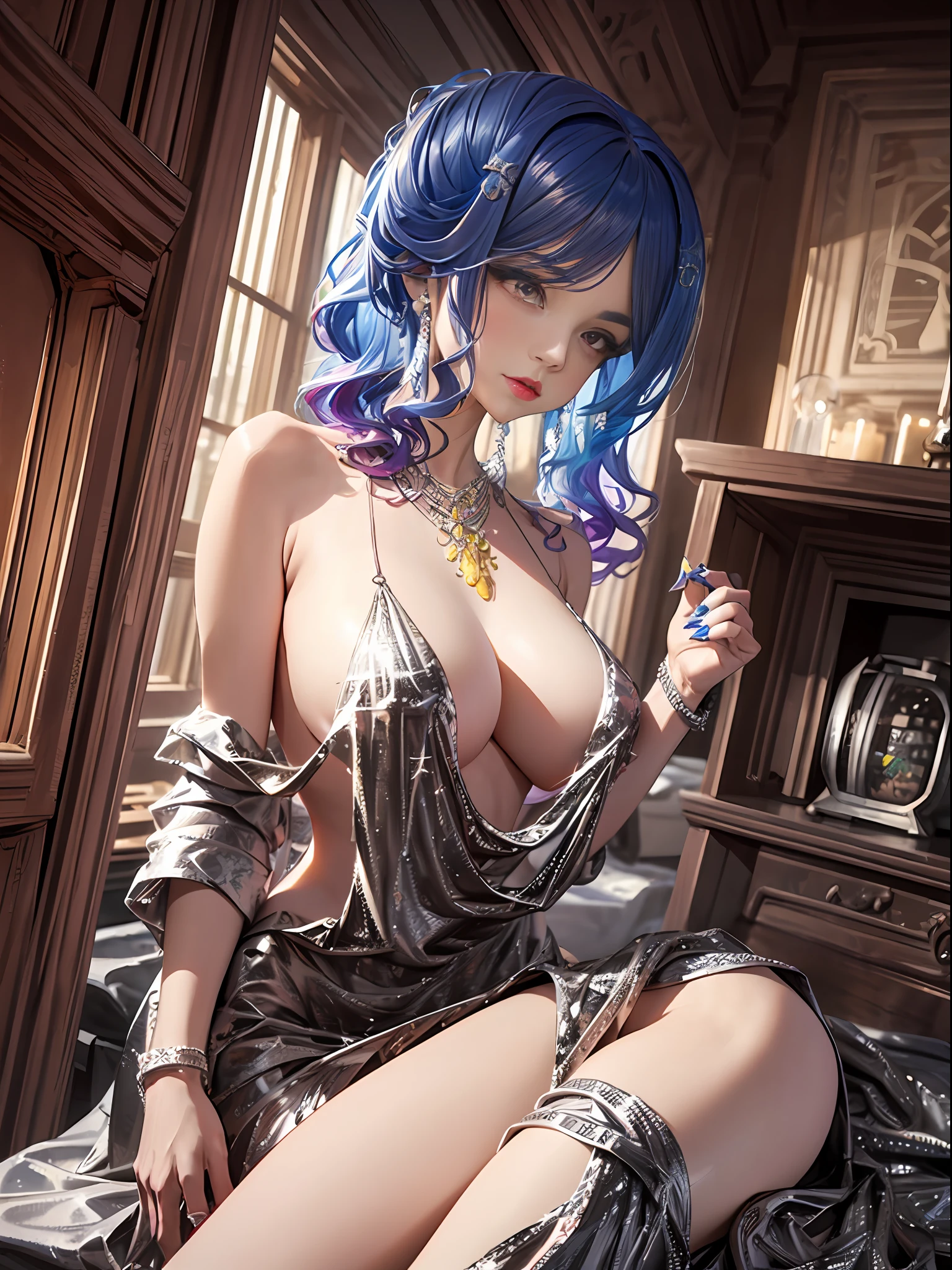 (Enrich the picture,Masterpiece level quality)Beautiful 8K CG artwork,Goddess-like posture,Sitting in the cabin of an airplane,Postural exercises,Slim and soft,Translucent skin,blue hairs、The beauty of extra-long hair, Super Long Straight Hair,The skin is fair and juicy,Underwear miniskirt uniform,Perspective Part 1.2x enhanced silhouette effect,Exquisite transparent blues pattern in pajamas,The details are intricate and exquisite,The background is slightly blurred,Charming and lustful leg seduction,Drool,K cup big breasts,Blush,Japan goddess,Perfect body slim curves,Cabin scene,Lace panties can be seen,