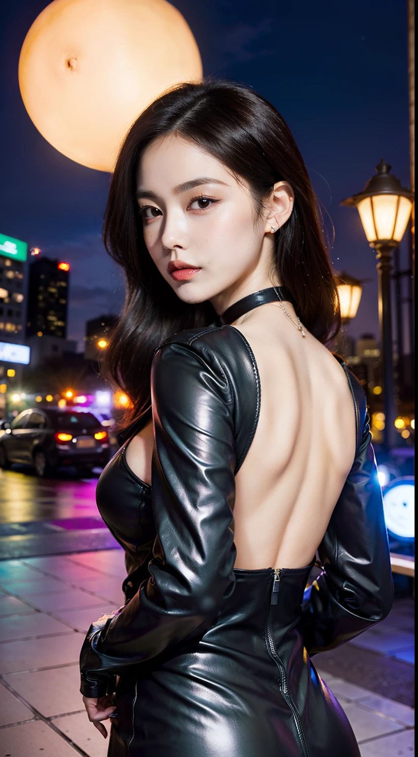 ​masterpiece, top-quality, 超A high resolution, (Photorealsitic:1.4), 32K,beautiful  lighting, Raw photography, 8K UHD, A detailed face, A detailed eye,Detailed eyes,Symmetrical eyes,Good balance between the left and right eyes,no-makeup:1.5,beautiful a girl, Cute  girl s,18year old,(((cabelos preto e longos、One-length,with round face,a baby f Face, Narws,round upturned nose,Letter to))), (((［Tight long dress that sticks to the body,deep v neck、wearing leather jacket］,Dresses with open shoulders,a choker,a necklace,耳Nipple Ring,This is a common-sense configuration,Not erotic))),(Colossal tits:1.5,Big buttocks),((sideboob barbosa)),Keep your back on your shoulders,Late night street corner,Night view of the city, Blurry night view,The night view is blurry,longshot,Facing backwards、Looks Back