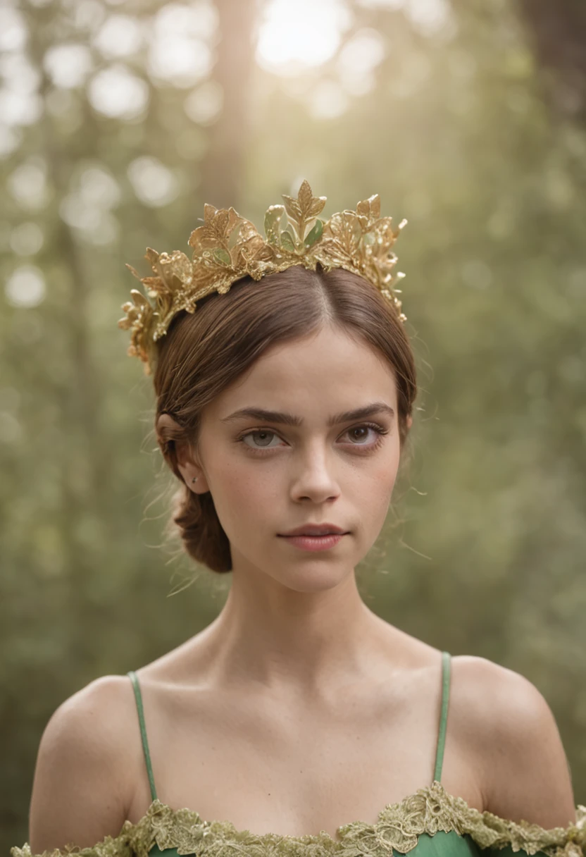 Retrato de uma mulher jovem, (emma watson:1.5), olhos verdes, usando roupas de elfo, ((estilo fantasia)), usando coroa de elfo, Hora de Ouro, art-station, Sony DSLR Camera, lentes de 35mm, discreto