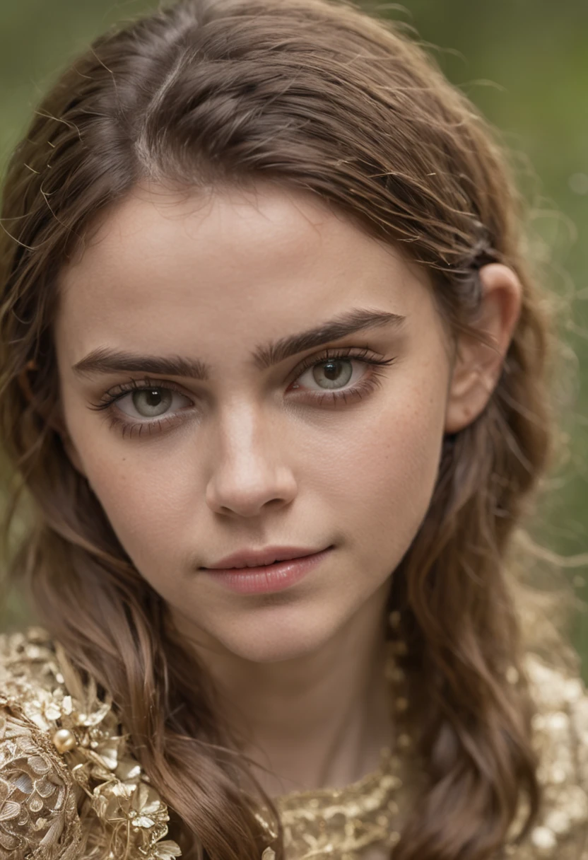 Retrato de uma mulher jovem, (emma watson:1.5), olhos verdes, usando roupas de elfo, ((estilo fantasia)), usando coroa de elfo, Hora de Ouro, art-station, Sony DSLR Camera, lentes de 35mm, discreto