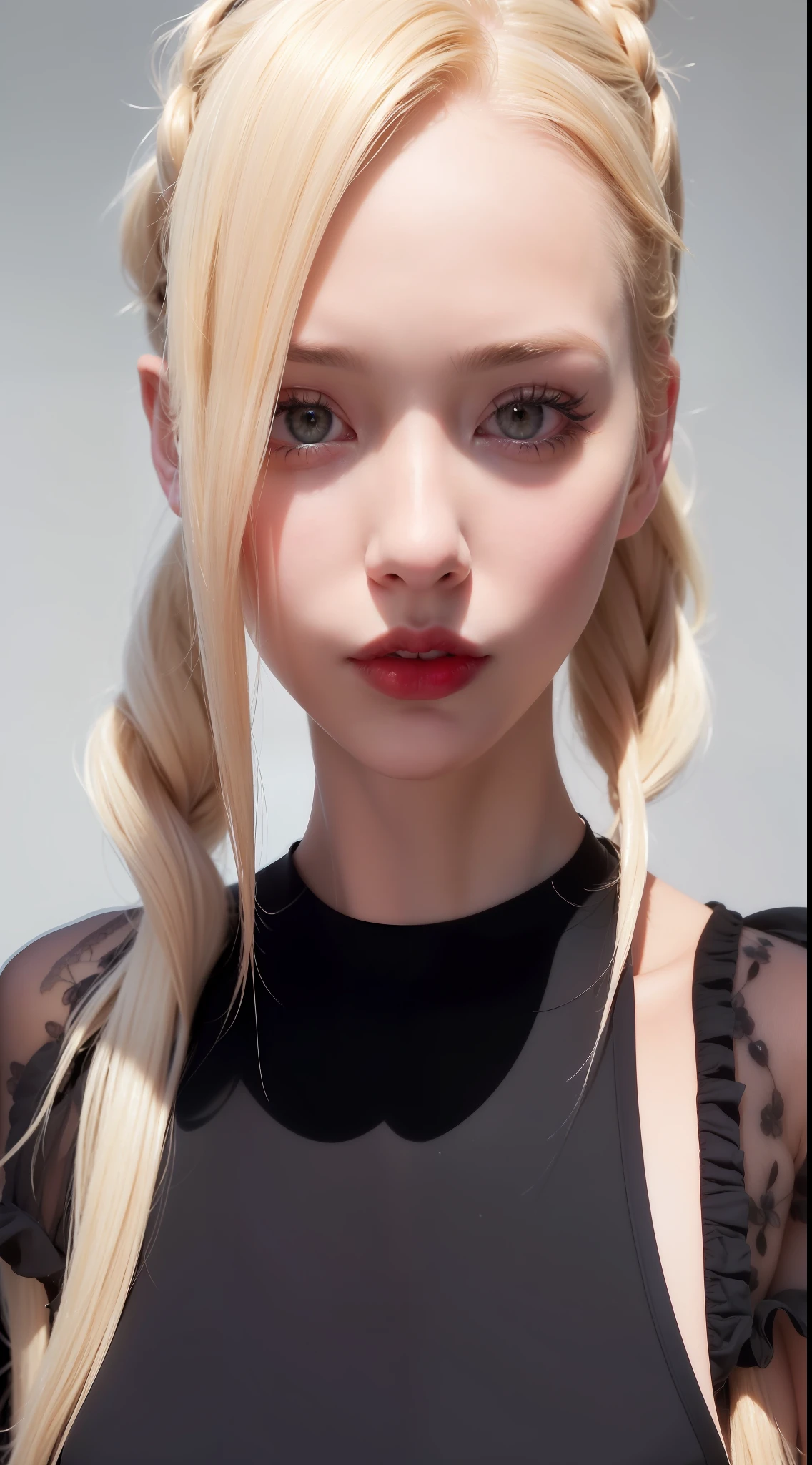 (8k, 4k, best quality, highres, ultra high res:1.1), (masterpiece, realistic, photo-realistic:1.1), 1girl, face, close-up, twintails, blonde hair, black eyes, red lips, (looking at viewer:2), absurdly long hair, long eyelashes, eyeshadow, small face, big eyes,
bare shoulders,
high contrast,