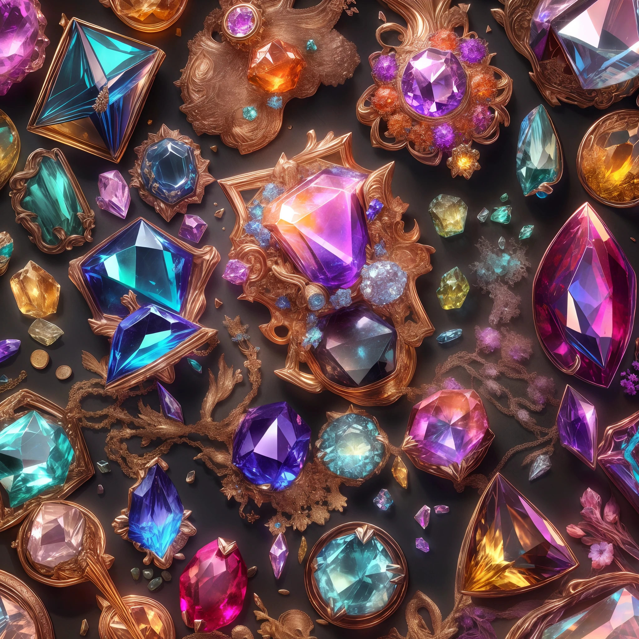 (Girlish style: 1.2), (Full Focus: 2), (Everything in Display Cabinet: 1.3), (coin |Magic Items | Colorful Gems | Cherry Blossoms | Printed Silk Products | Medals | Ores | Obsidian | Pearl | Emerald | White Jade | Amethyst | Sapphire | Gold Products | Silver Products | Purple Gold | Magical Jewelry | Antiques | Ruby | Orange Gem | Blue Gem | Topaz |: 2), Magic Symbols, Magic Particle Effects, High Tech Luxury, High Value Jewelry, High Value Metal, Luxury items, no puzzles, detailed and complex backgrounds, sparkling, reflective light, ultra high definition, award-winning, a high-resolution, high detail texture, contrast between light and dark, cinematic lighting, masterpieces, ray tracing, structurally correct, super details, high-quality, high detail, best quality, 16k