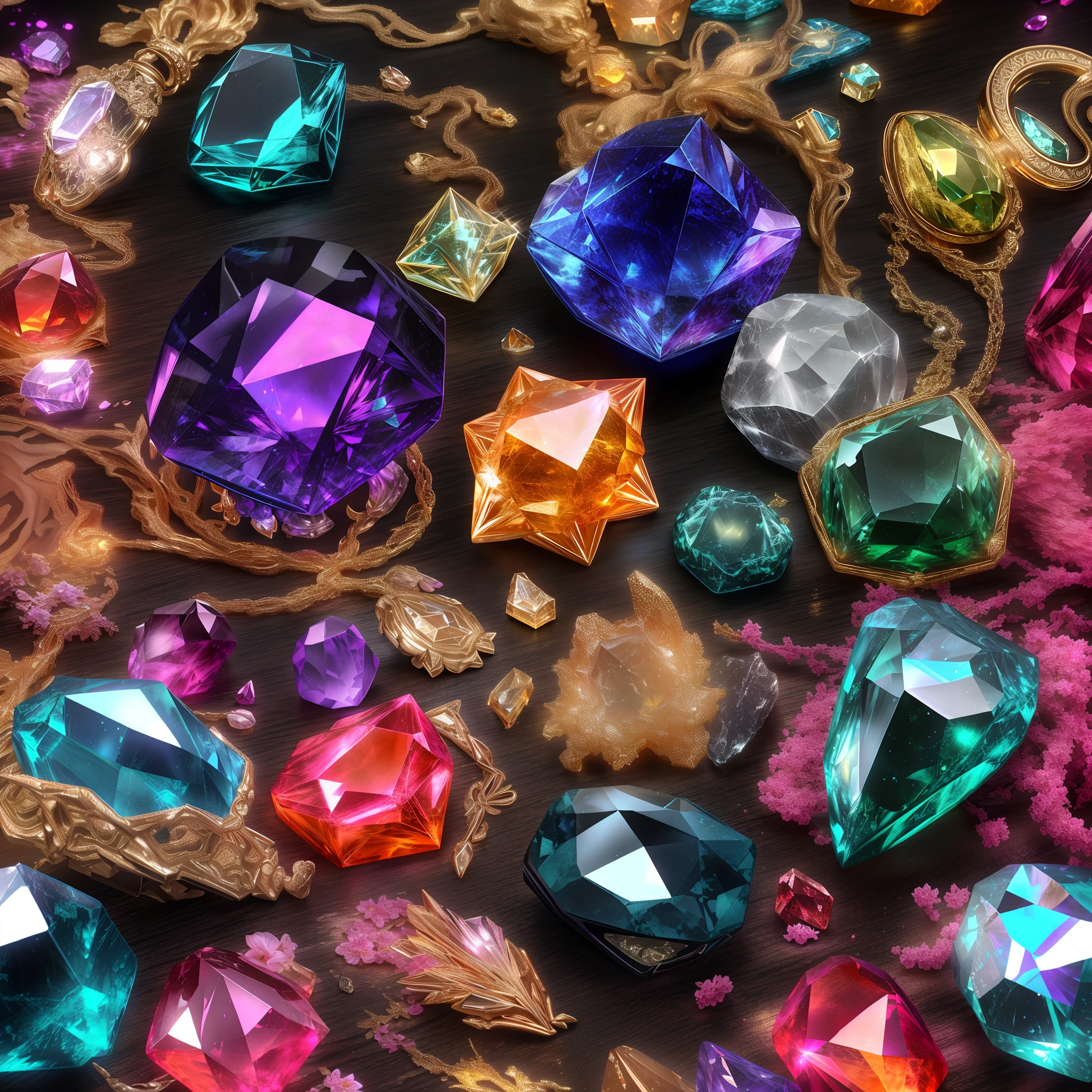 (Girlish style: 1.2), (Full Focus: 2), (Everything in Display Cabinet: 1.3), (coin |Magic Items | Colorful Gems | Cherry Blossoms | Printed Silk Products | Medals | Ores | Obsidian | Pearl | Emerald | White Jade | Amethyst | Sapphire | Gold Products | Silver Products | Purple Gold | Magical Jewelry | Antiques | Ruby | Orange Gem | Blue Gem | Topaz |: 2), Magic Symbols, Magic Particle Effects, High Tech Luxury, High Value Jewelry, High Value Metal, Luxury items, no puzzles, detailed and complex backgrounds, sparkling, reflective light, ultra high definition, award-winning, a high-resolution, high detail texture, contrast between light and dark, cinematic lighting, masterpieces, ray tracing, structurally correct, super details, high-quality, high detail, best quality, 16k