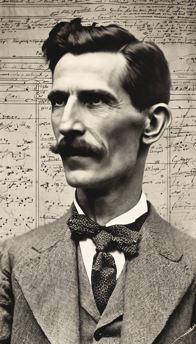 um homem, foto retrato (Nikola Tesla), 30 anos, leve sorriso, olhar sonhador, Enclosed by holograms of mathematical formulas, Stars and galaxies in the background, Vestido dos anos 30, cena detalhada, anatomia exata, Rosto exato, ambiente escuro.