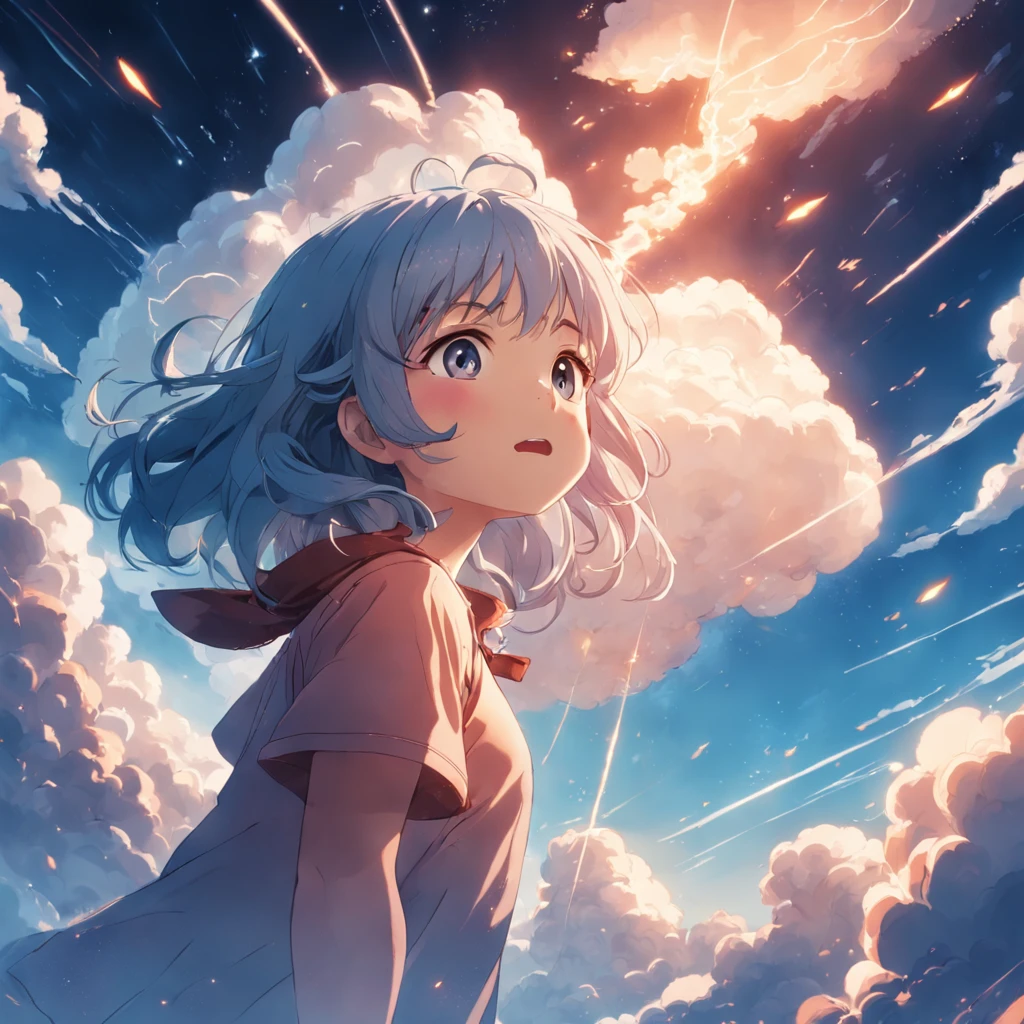 masterpiece, best quality, movie still, 1girl, cloud girl, floating in the sky, close-up, bright, happy, warm soft lighting, sunset, (sparks:0.7)