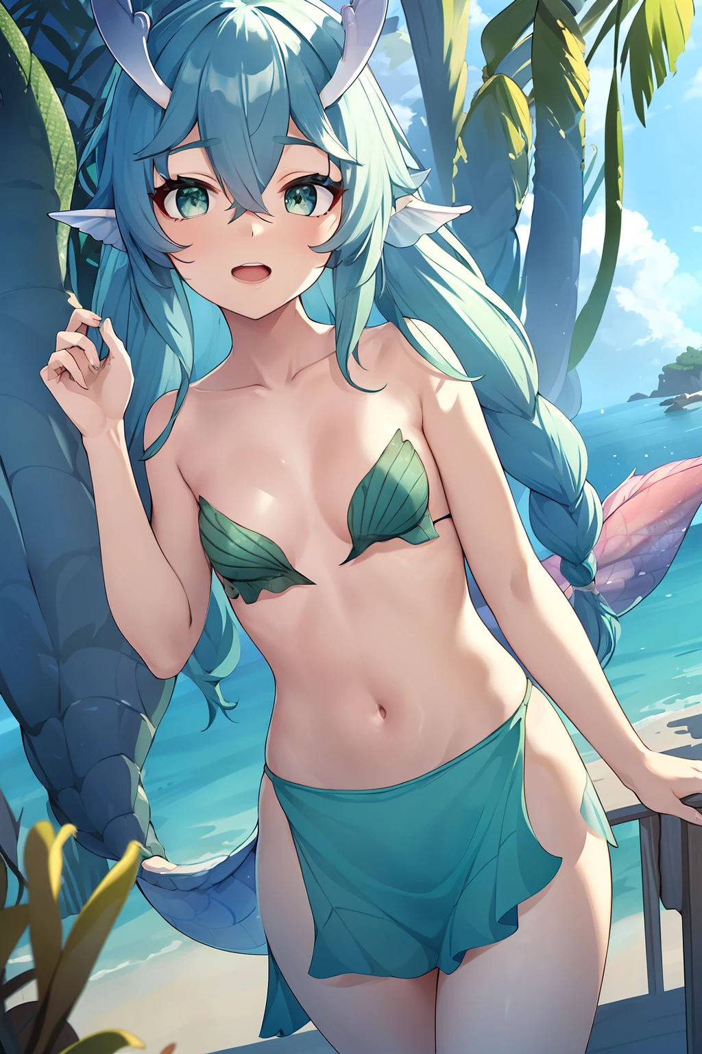 She is a mermaid with green hair and green eyes. Fish ears. A blue tail rare among mermaids. She wears a shell top and seaweed skirt. Not very sexy. master piece, 8k,semi-realistic,4k,RTX,Shaders,glossy texture work.