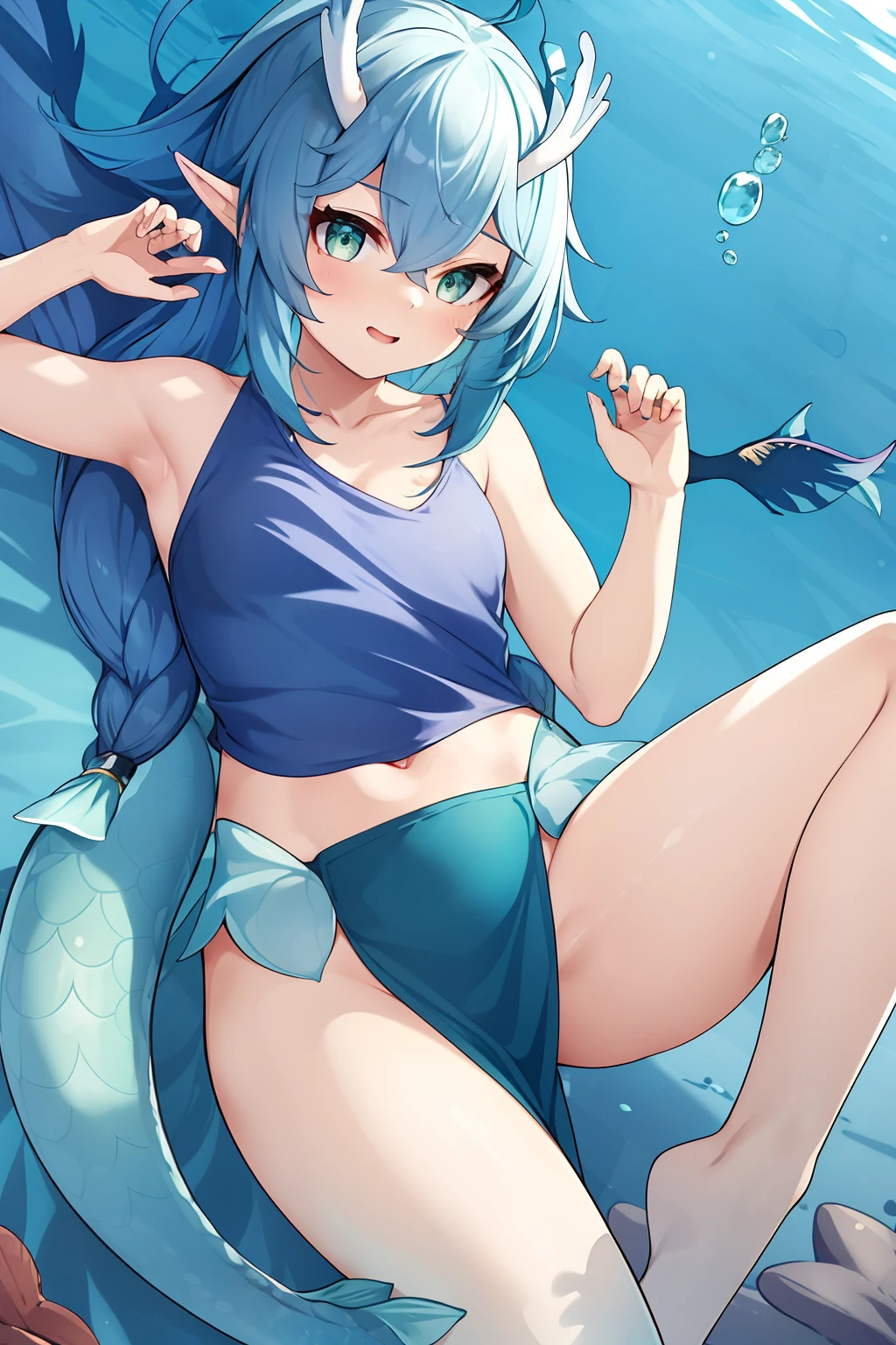 She is a mermaid with green hair and green eyes. Fish ears. A blue tail rare among mermaids. She wears a shell top and seaweed skirt. Not very sexy. master piece, 8k,semi-realistic,4k,RTX,Shaders,glossy texture work.