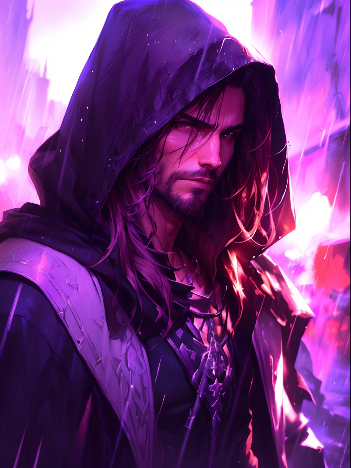 There's a man with a hood standing in the rain, Pintado por Andreas Rocha, Epic fantasy art style, Sylas, Epic Fantasy Digital Art Style, Estilo Andreas Rocha, mago masculino, Retrato de um Mago, Gaston Bussiere e Artgerm, retrato masculino da fantasia, epic RPG portrait, mago, Guilherme H. Pongiluppi