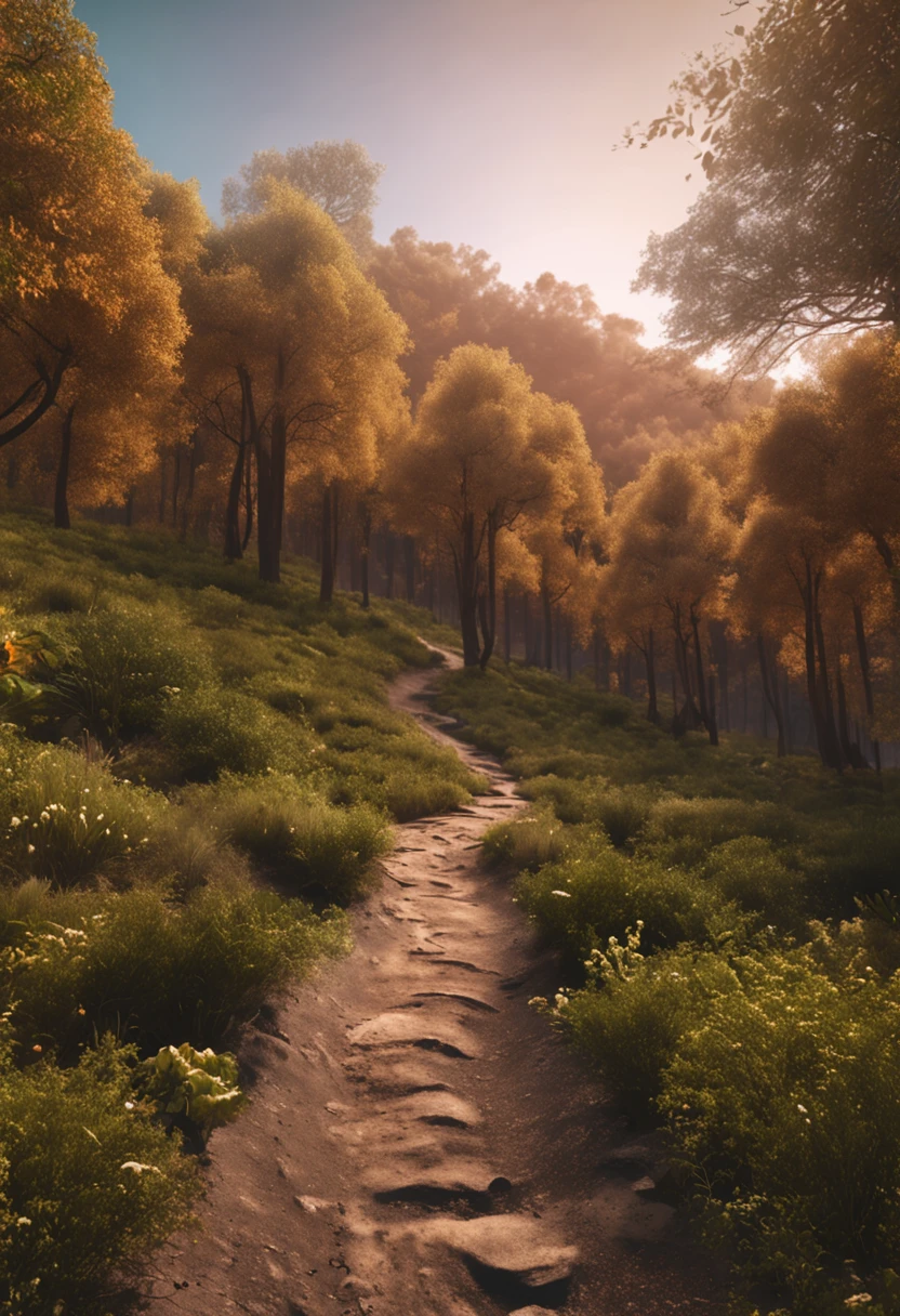 a person walking along a winding path in a natural setting such as a forest. As the person walks, they are illuminated by a soft light that shines through the trees, symbolizing the journey of self-exploration and transformation. Symbols and elements of nature can be present along the way, representing emotions and internal aspects that are being explored and integrated.