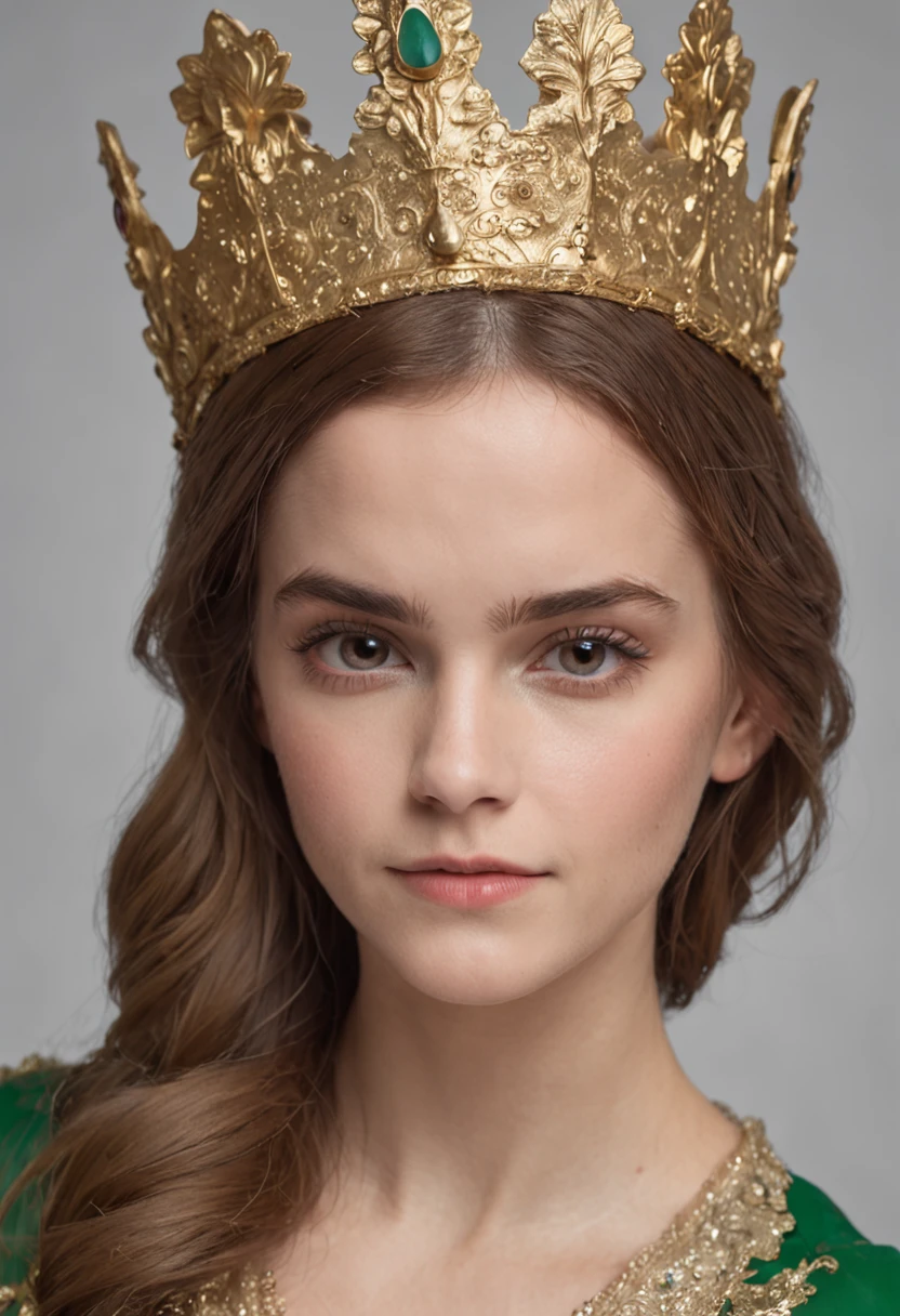 Retrato de (emma watson), olhos verdes, usando roupas de elfo, ((estilo fantasia)), usando coroa de elfo, Hora de Ouro, art-station, Sony DSLR Camera, lentes de 35mm, discreto