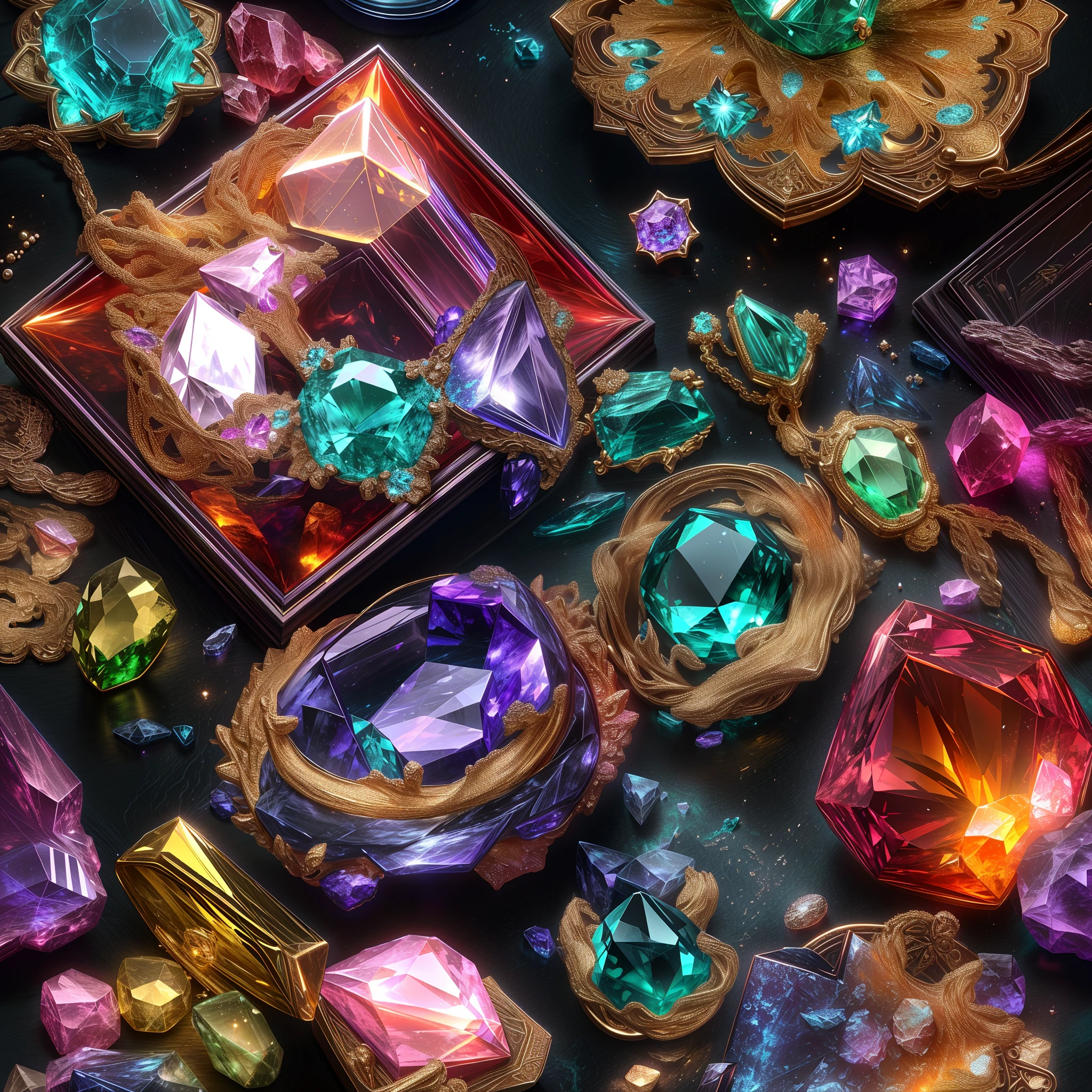 (Girlish style: 1.2), (Full Focus: 2), (Everything in Display Cabinet: 1.3), (coin |Magic Items | Colorful Gems | Cherry Blossoms | Printed Silk Products | Medals | Ores | Obsidian | Pearl | Emerald | White Jade | Amethyst | Sapphire | Gold Products | Silver Products | Purple Gold | Magical Jewelry | Antiques | Ruby | Orange Gem | Blue Gem | Topaz |: 2), Magic Symbols, Magic Particle Effects, High Tech Luxury, High Value Jewelry, High Value Metal, Luxury items, no puzzles, detailed and complex backgrounds, sparkling, reflective light, ultra high definition, award-winning, a high-resolution, high detail texture, contrast between light and dark, cinematic lighting, masterpieces, ray tracing, structurally correct, super details, high-quality, high detail, best quality, 16k