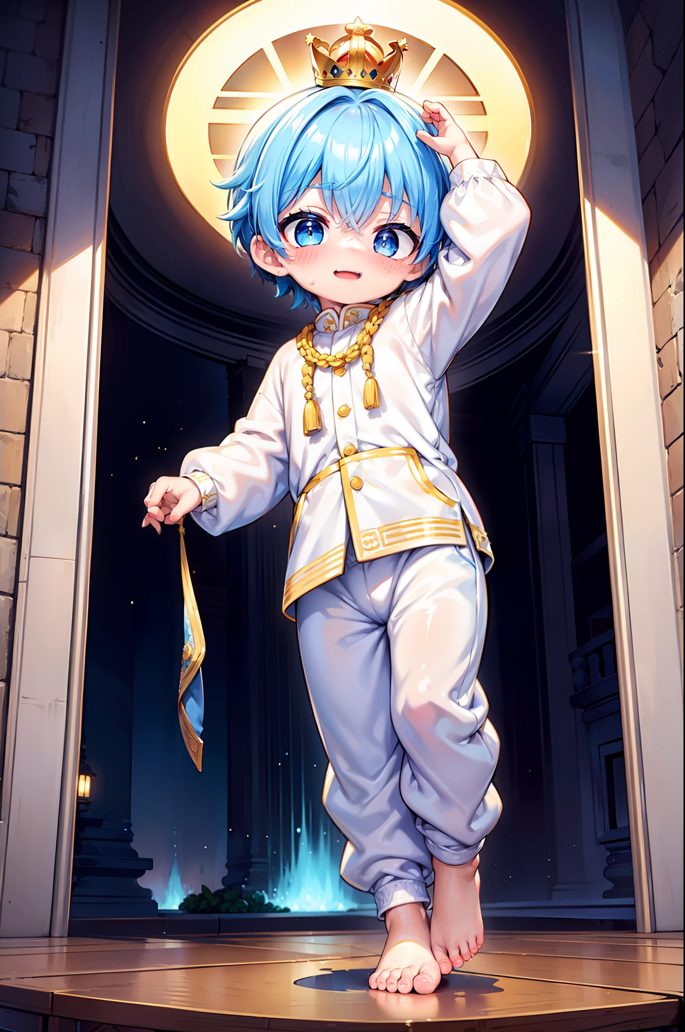 4k, (Masterpiece:1), ********** with blue colored hair and shiny, glowing cyan eyes and barefoot, arms up, epic, cinematic, young, boy, child, small, toddler, tiny feet, focus on feet, feet, blushing, (Young:1.4), (Child:1.4), (Shota:1.4), (male:1.4), (boy:1.4), (royal clothes:1.4), (epic:1.4), (posing:1.4), (cinematic:1.4), (king:1.4), (Royalty:1.4), (happy expression:1.4)