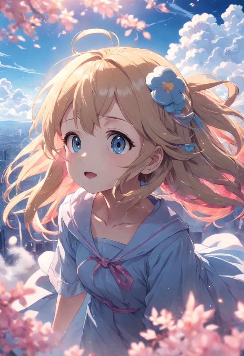 ​masterpiece、top-quality、Movie stills、morning、stroll。pup、1girl in、Cloud Girl、floating in sky、a closeup、发光、Happiness、Fresh morning sunshine、(Spark:0.7) 、stroll、landscapes