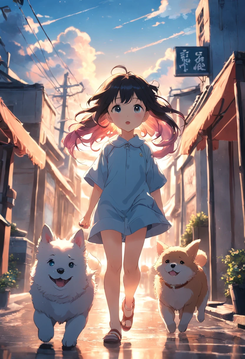 masterpiece、top-quality、Movie stills、morning、stroll。pup、1girl in、Cloud Girl、floating in sky、a closeup、发光、Happiness、Fresh morning sunshine、(Spark:0.7) 、stroll、landscapes