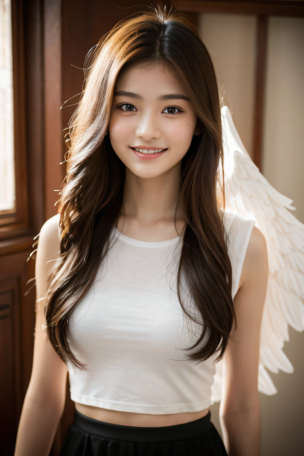 "Image Quality: 8K (Best Quality Scale: 1.2), Artistic Style: Realistic, Photorealistic Factor: 1.37, Clarity: Ultra High Definition, Subject: Teenage Girl (16 years old), Notable Features: Pleasant Smile, Closed Mouth, Exquisite Details, Lovely Nose, Composition: Full Body, Damp Hair, Context: Amidst Colossal Dalsefo, Surroundings: Including Pork, Attire: T Shirt Angel wings