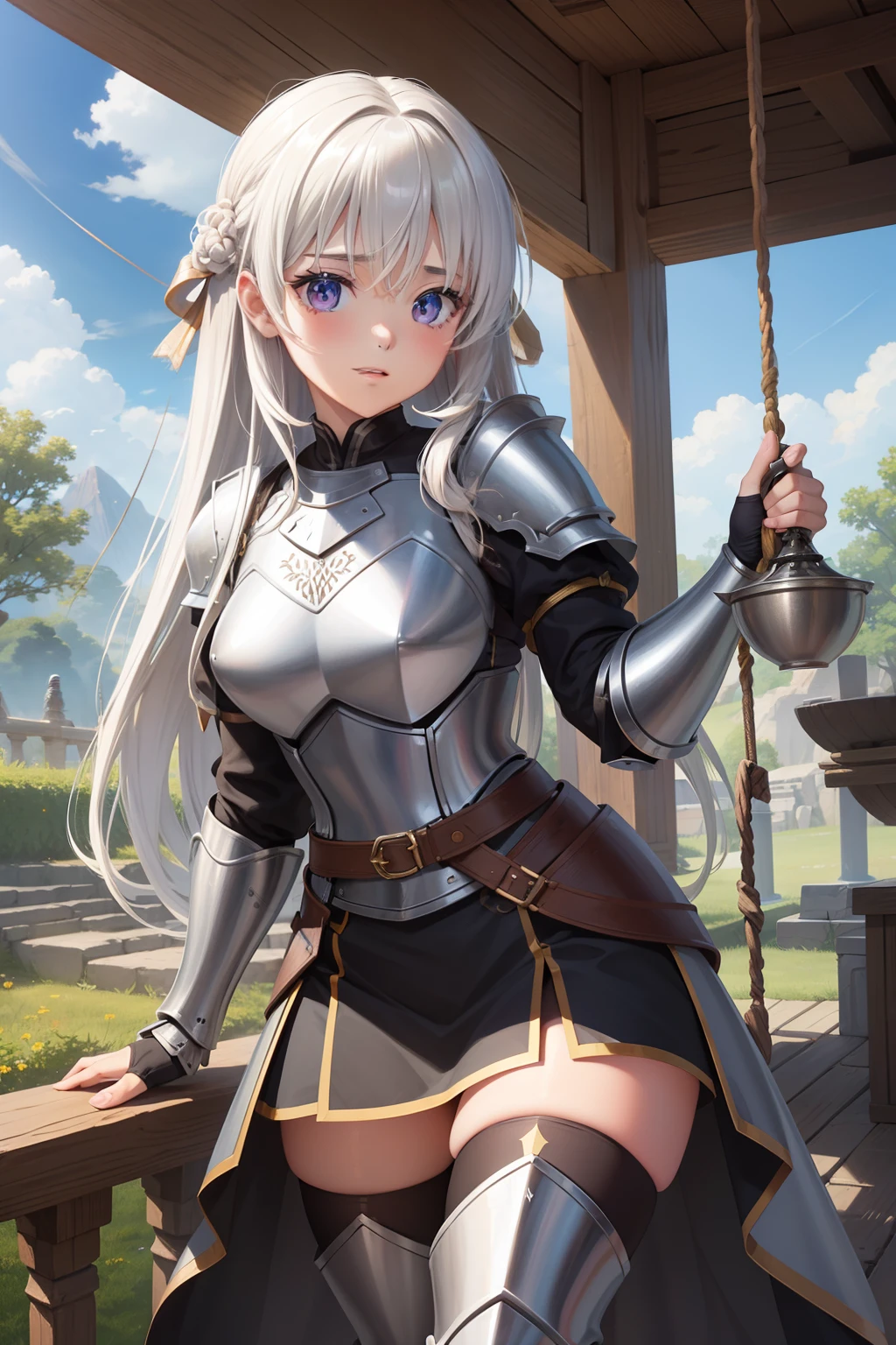 Digital Illustration, Extreme Detail、labyrinth、dwarves、Brown skin、Swing the ax、Fetishes、girl with、Knight Armor、plate armor