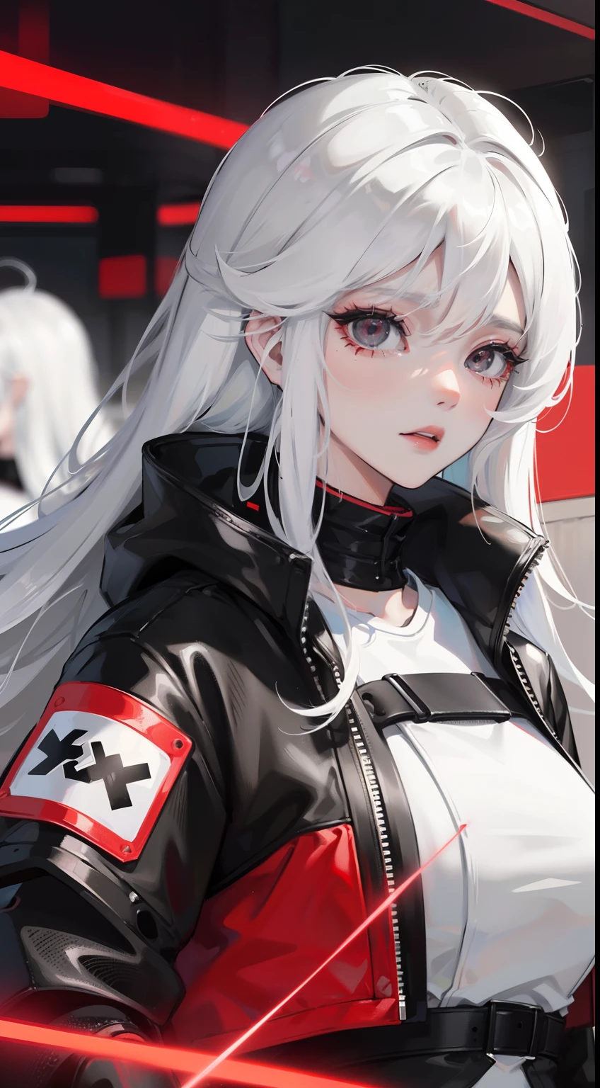full bodyesbian,  Anime Girl, White hair, Black eyes, Black and white and red techwear clothes, brack、White the、Red Accessories、Racing cars of the near future、Neon and laser beam stadium